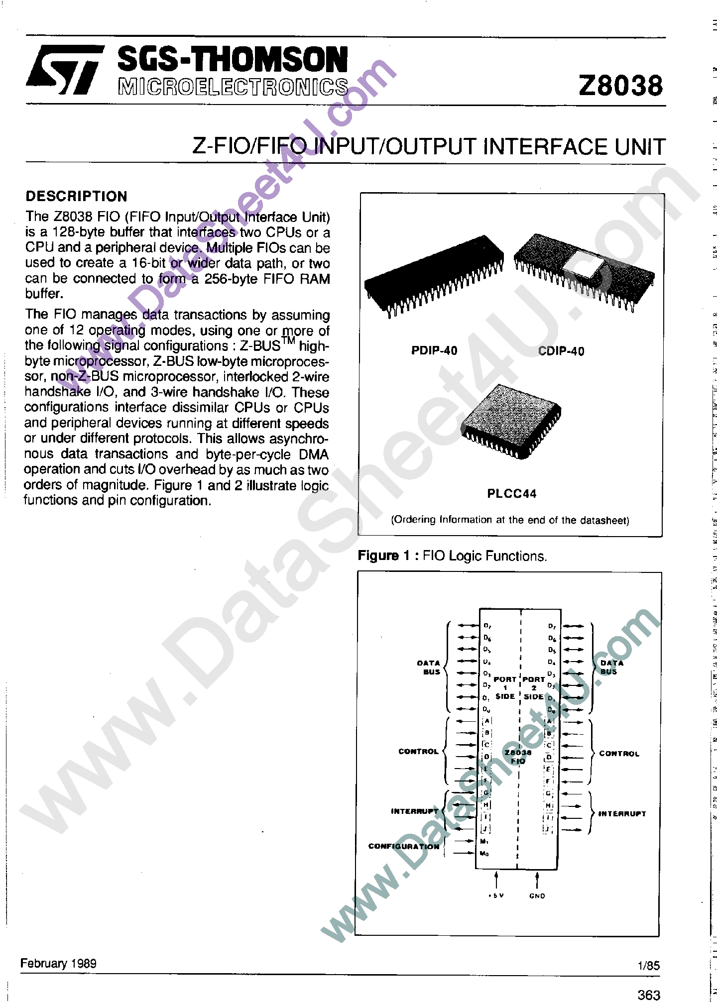 Datasheet Z8038 page 1 Datasheet Z8038 - Z-FIO / FIFO Input / Output Interface Unit page 1