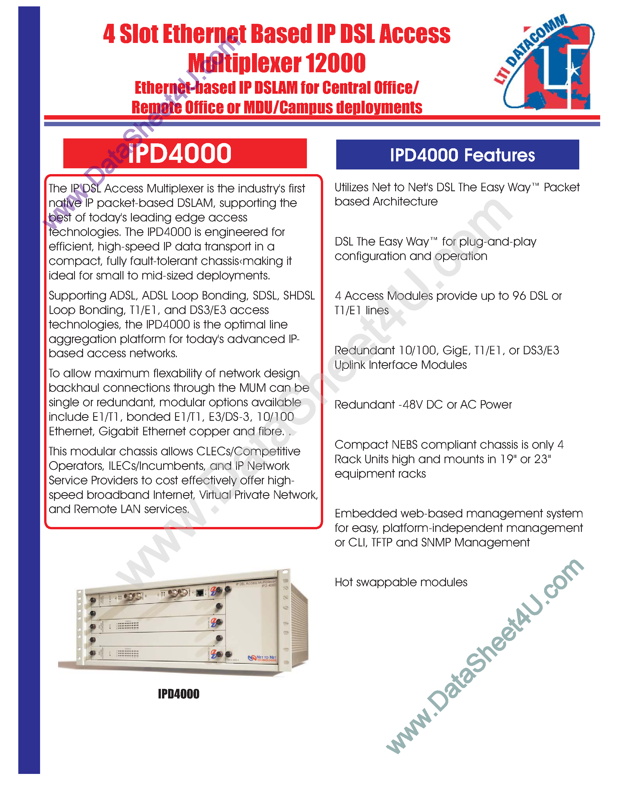 Даташит IPD4000 - 4 Slot Ethernet Based IP DSL Access Multiplexer 12000 страница 1