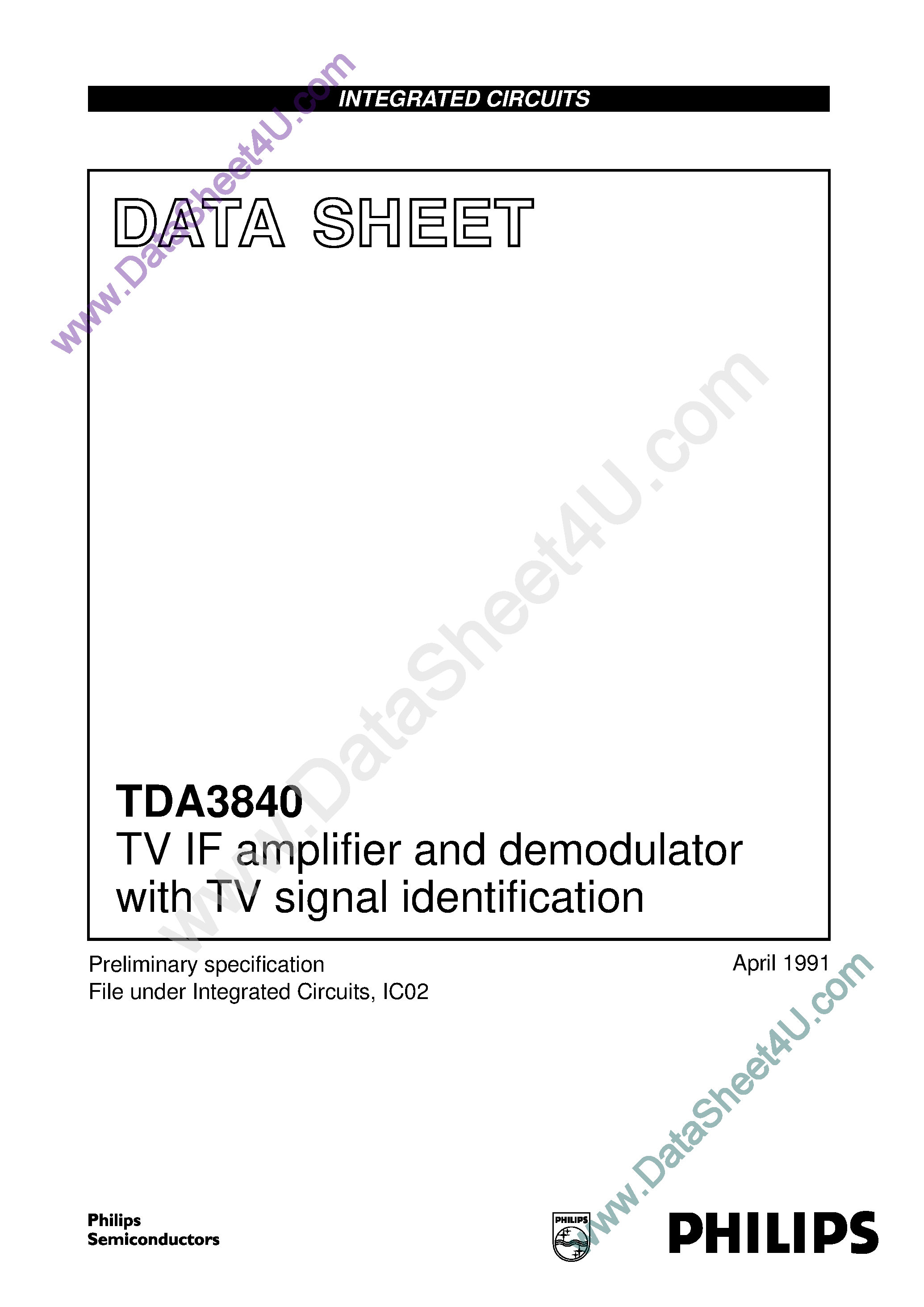 Datasheet TDA3840 page 1 Datasheet TDA3840 - TV IF Amplifier and Demodulator page 1