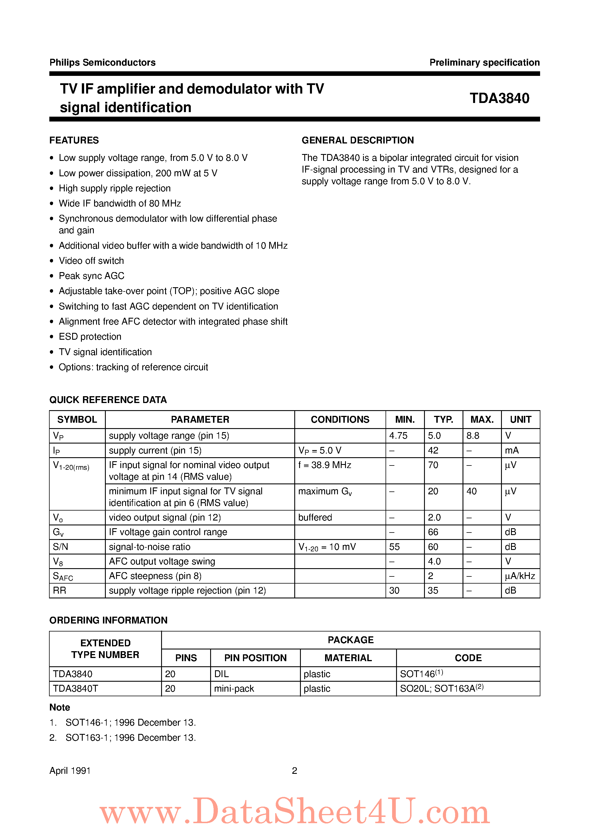 Datasheet TDA3840 page 2 Datasheet TDA3840 - TV IF Amplifier and Demodulator page 2