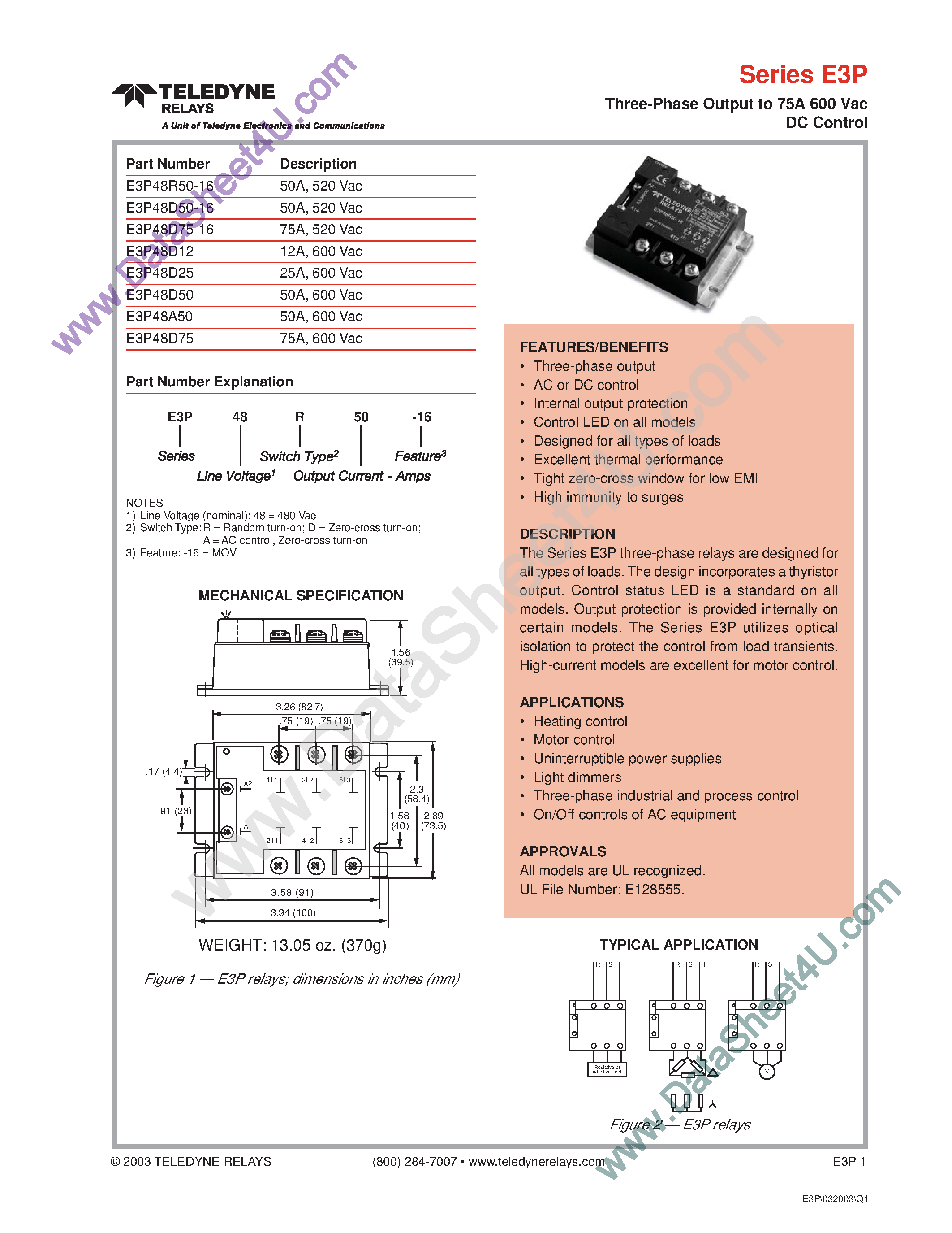 Datasheet E3P48A50 - (E3P Series) 3-Phase Output to 75A 600 Vac DC Control page 1