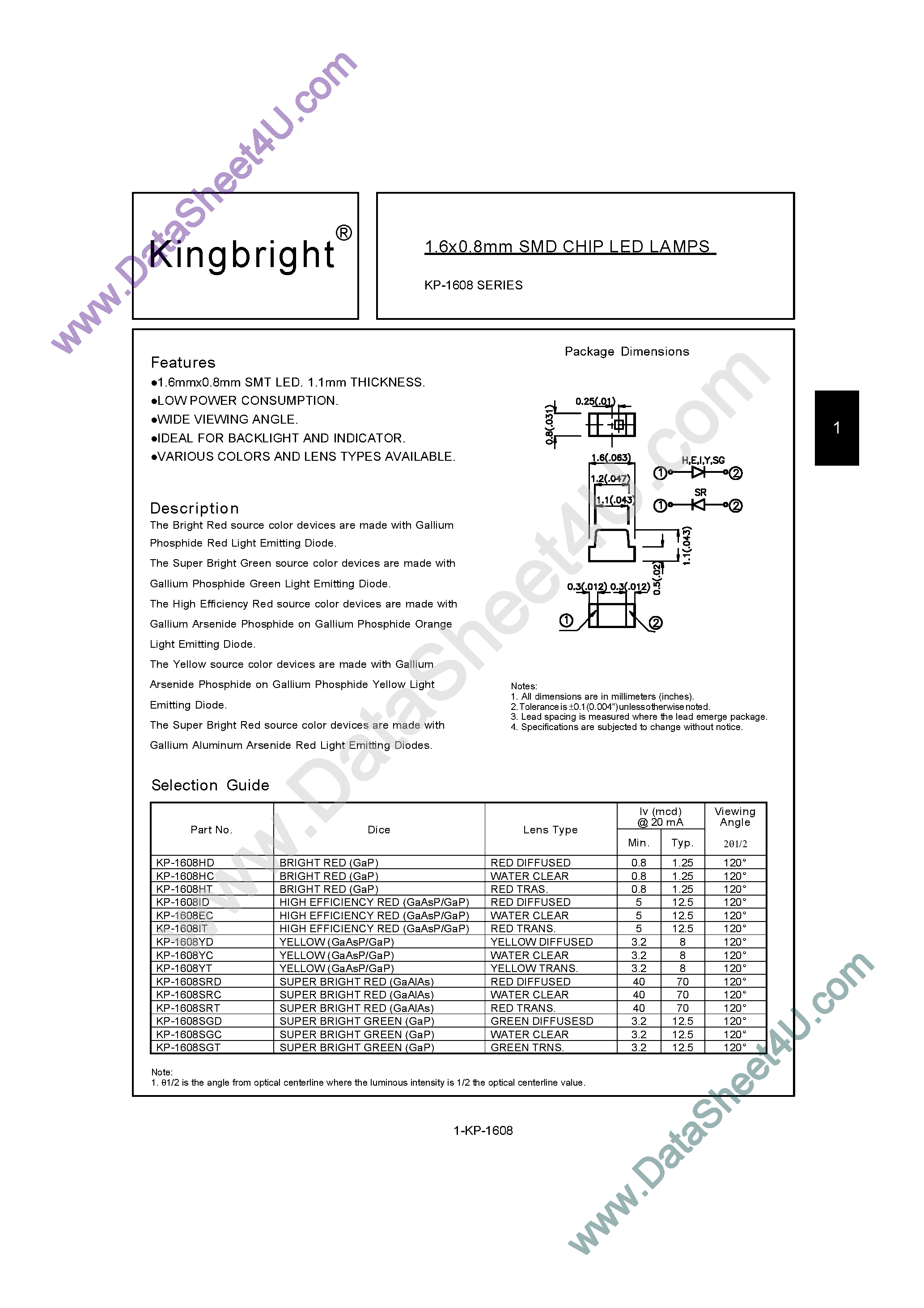 Даташит на микросхему KP-1608EC страница 1 Даташит KP-1608EC - (KP-1608xxx) 1.6 x 8mm SMD CHIP LED LAMPS страница 1