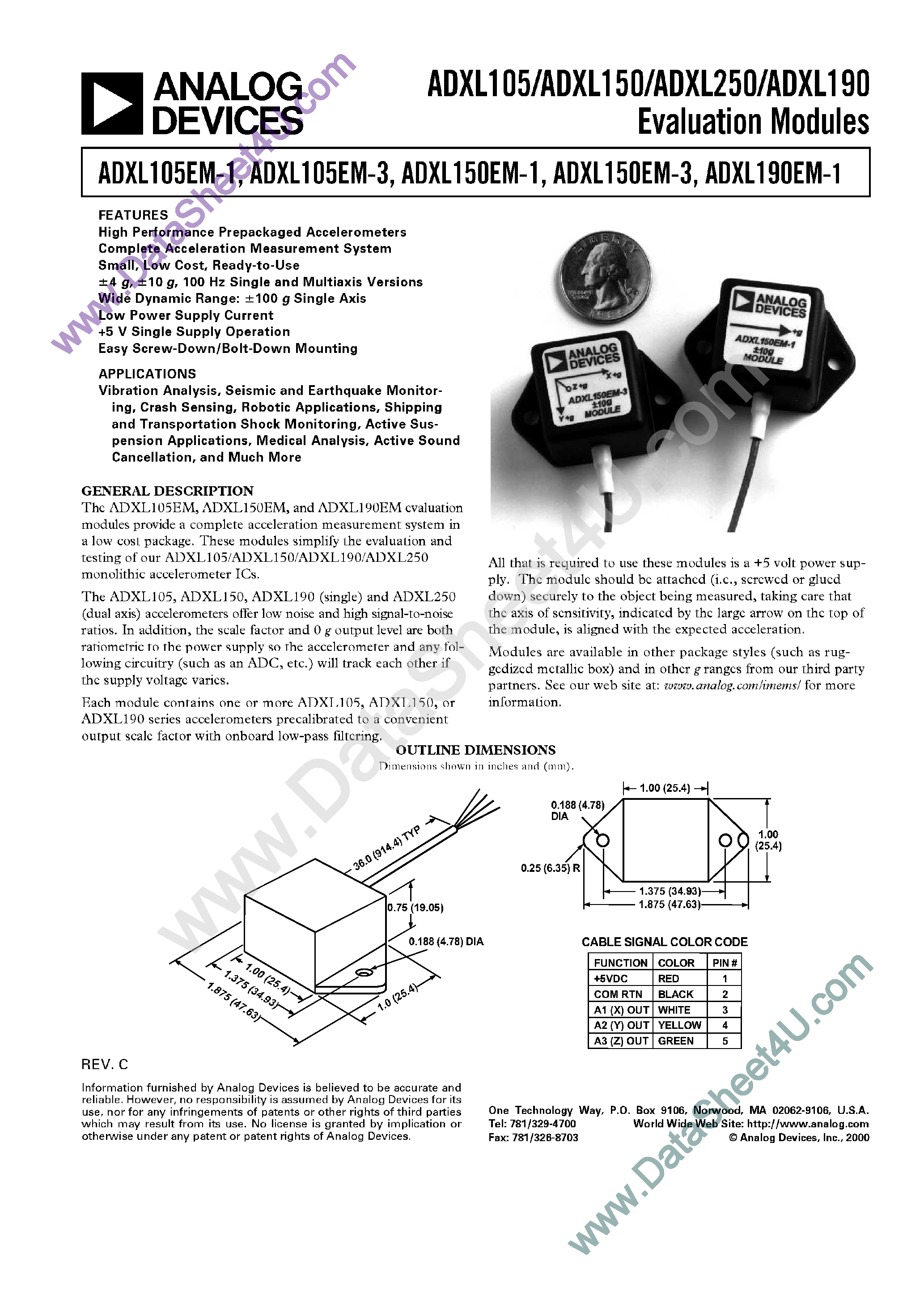 Datasheet ADXL105EM-1 - (ADXL1xxEM-x) evaluation module page 1