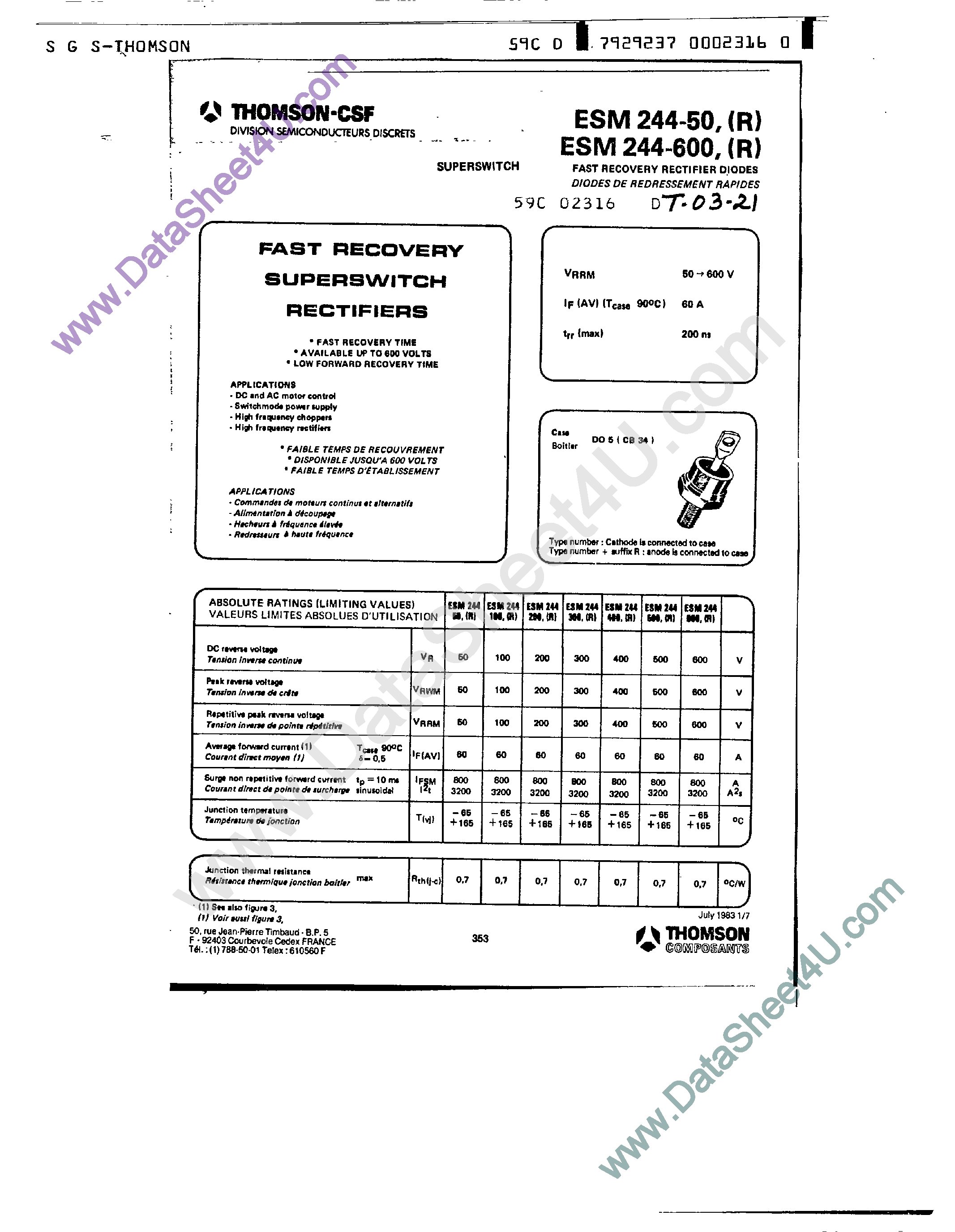 Datasheet ESM244-100R page 1 Datasheet ESM244-100R - (ESM244-xxxR) Fast Recovery Rectifier Diodes page 1