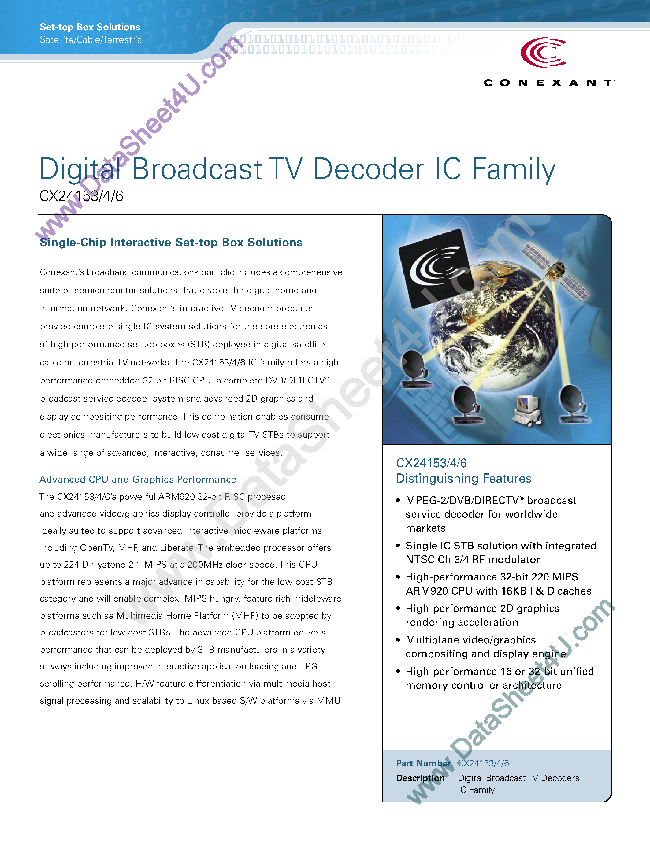 Datasheet CX24153 - (CX24153/4/6) Digital Broadcast TV Decoder ic Family page 1