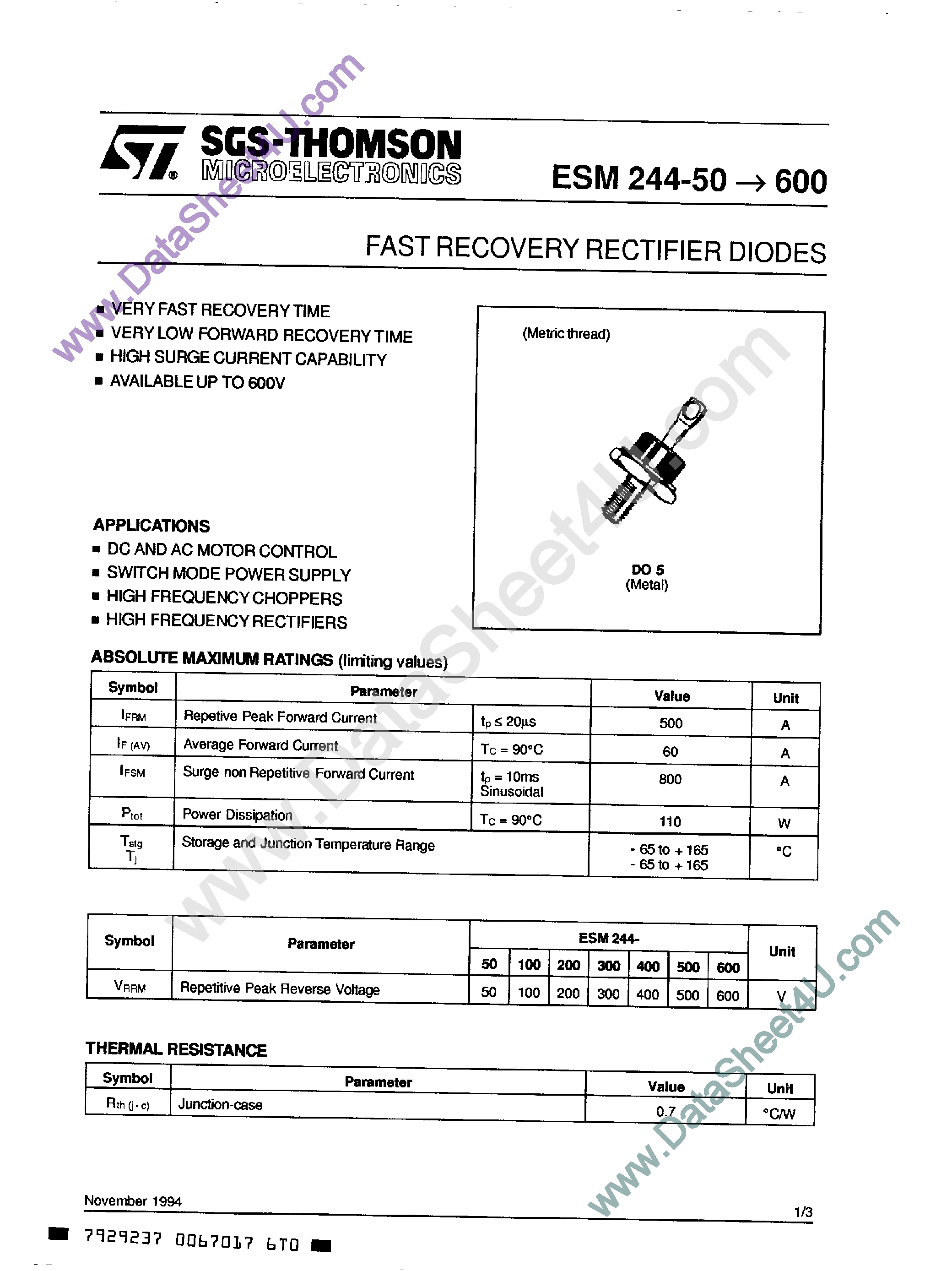 Datasheet ESM244-100 page 1 Datasheet ESM244-100 - (ESM244-xxx) Fast Recovery Rectifier Diodes page 1