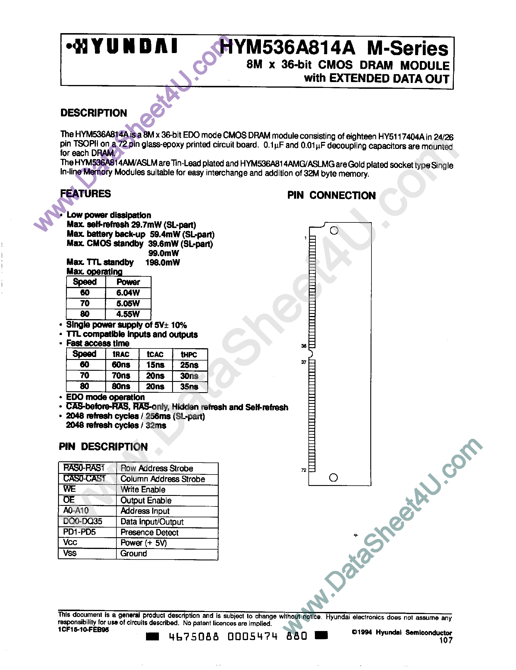 Даташит на микросхему HYM536A814A страница 1 Даташит HYM536A814A - 8M x 36-Bit CMOS DRAM Module страница 1