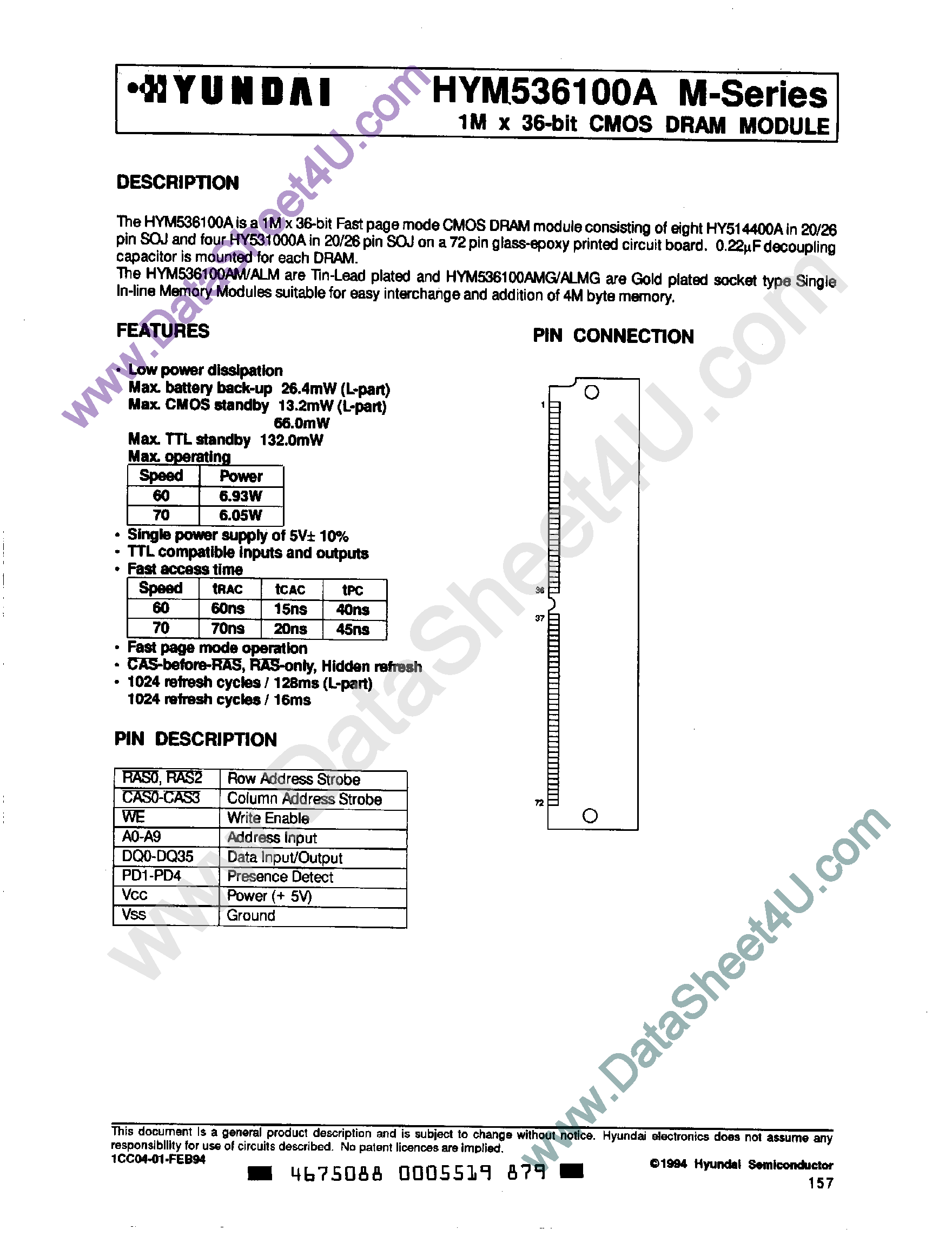 Даташит HYM536100A - 1M x 36-Bit CMOS DRAM Module страница 1