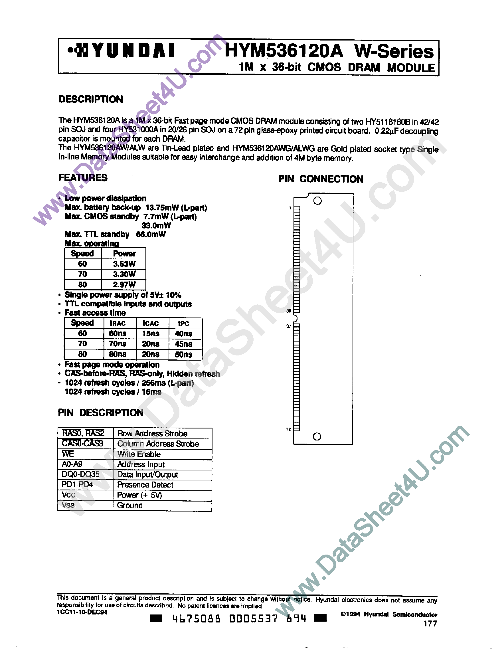 Даташит на микросхему HYM536120A страница 1 Даташит HYM536120A - 1M x 36-Bit CMOS DRAM Module страница 1