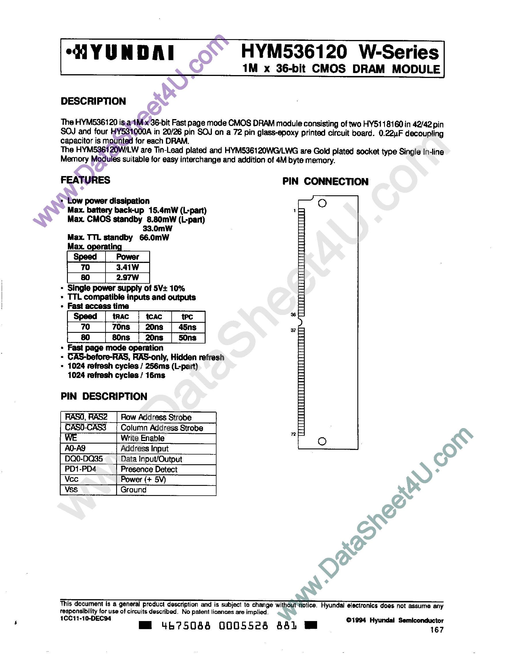 Даташит на микросхему HYM536120W страница 1 Даташит HYM536120W - 1M x 36-Bit CMOS DRAM Module страница 1