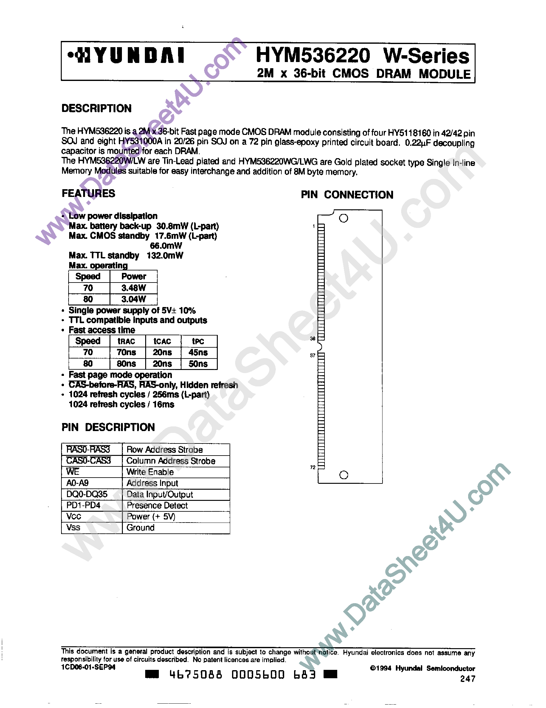 Даташит на микросхему HYM536220 страница 1 Даташит HYM536220 - 2M x 36-Bit CMOS DRAM Module страница 1