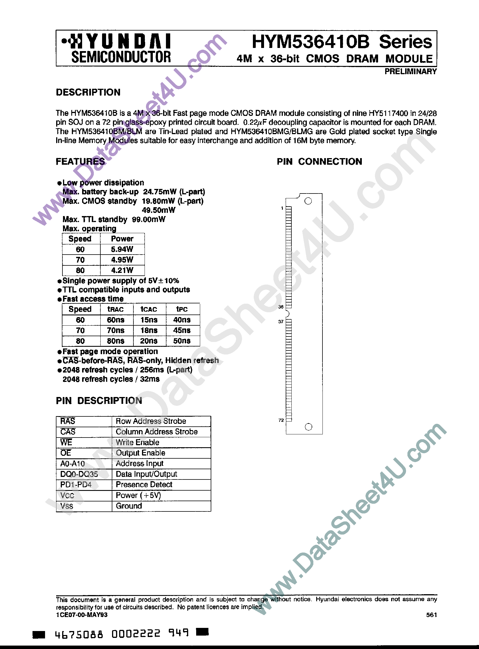 Даташит на микросхему HYM536410B страница 1 Даташит HYM536410B - 4M x 36-Bit CMOS DRAM Module страница 1
