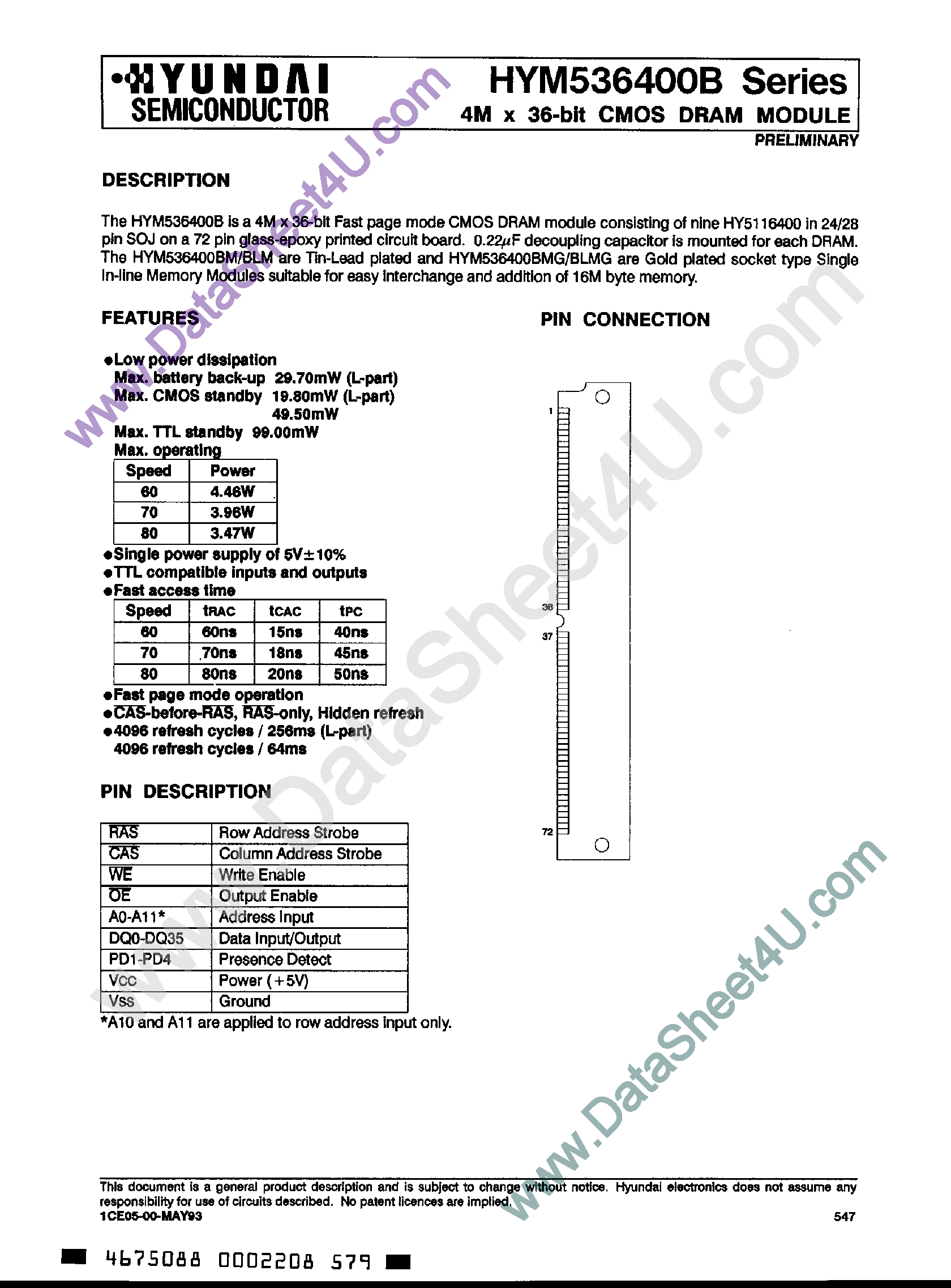 Даташит на микросхему HYM536400B страница 1 Даташит HYM536400B - 4M x 36-Bit CMOS DRAM Module страница 1