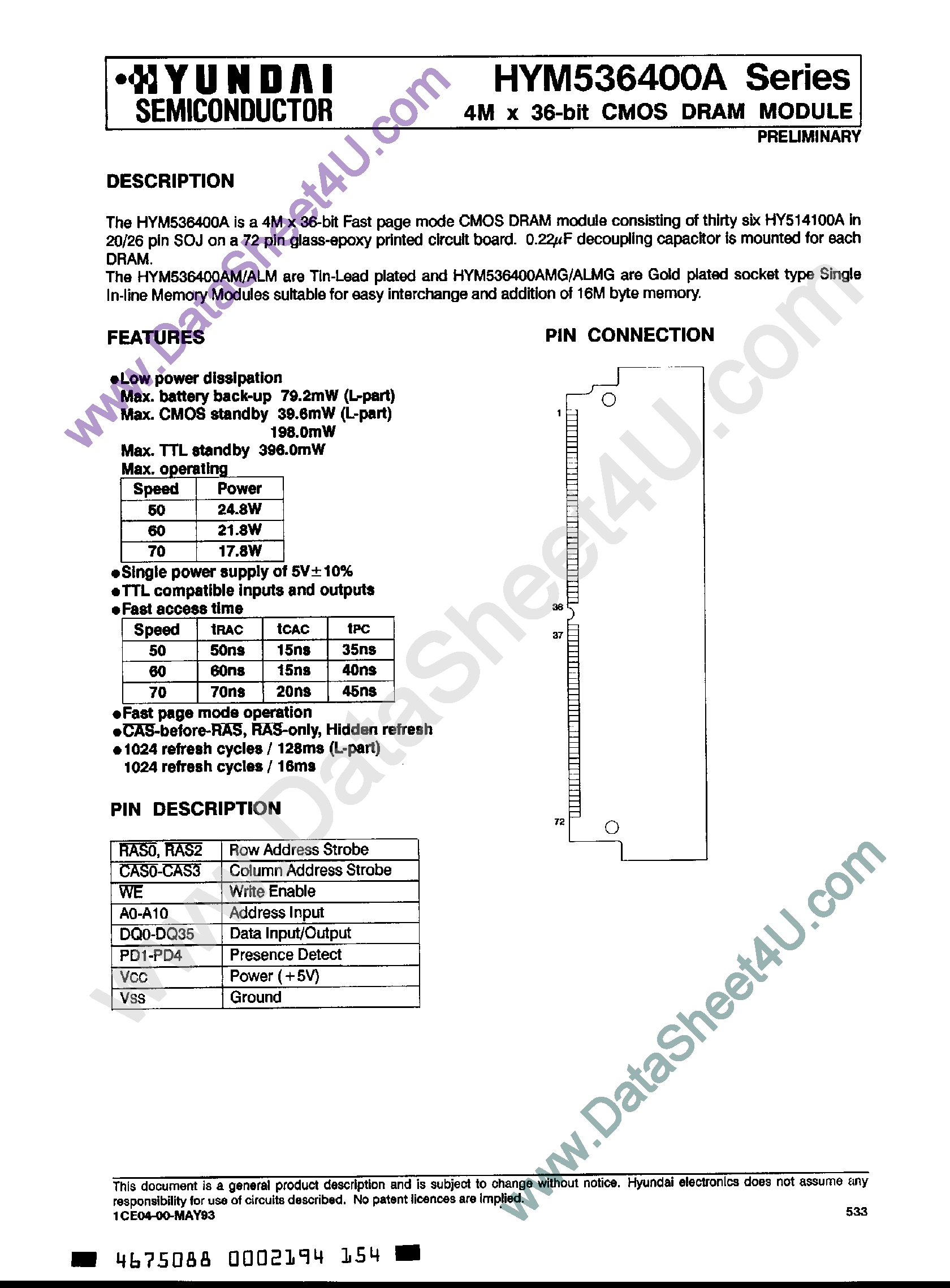 Даташит на микросхему HYM536400A страница 1 Даташит HYM536400A - 4M x 36-Bit CMOS DRAM Module страница 1