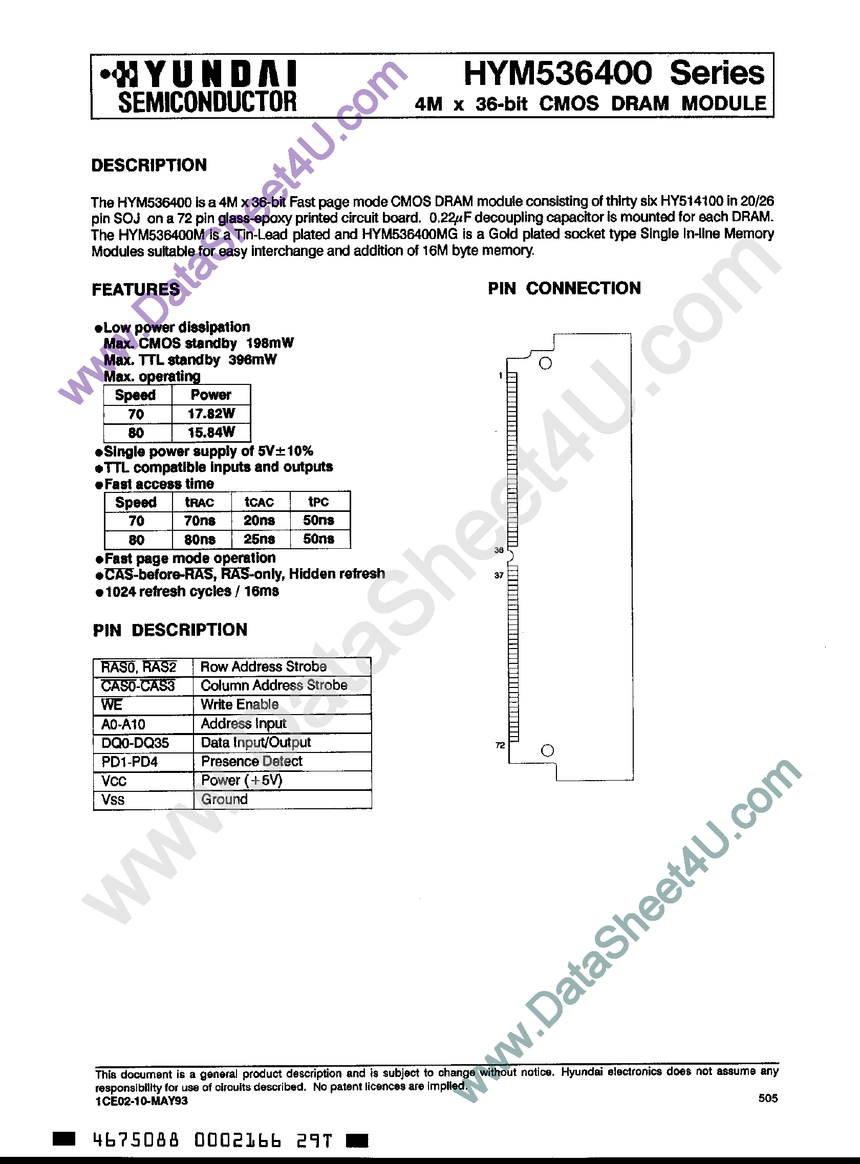 Даташит на микросхему HYM536400 страница 1 Даташит HYM536400 - 4M x 36-Bit CMOS DRAM Module страница 1
