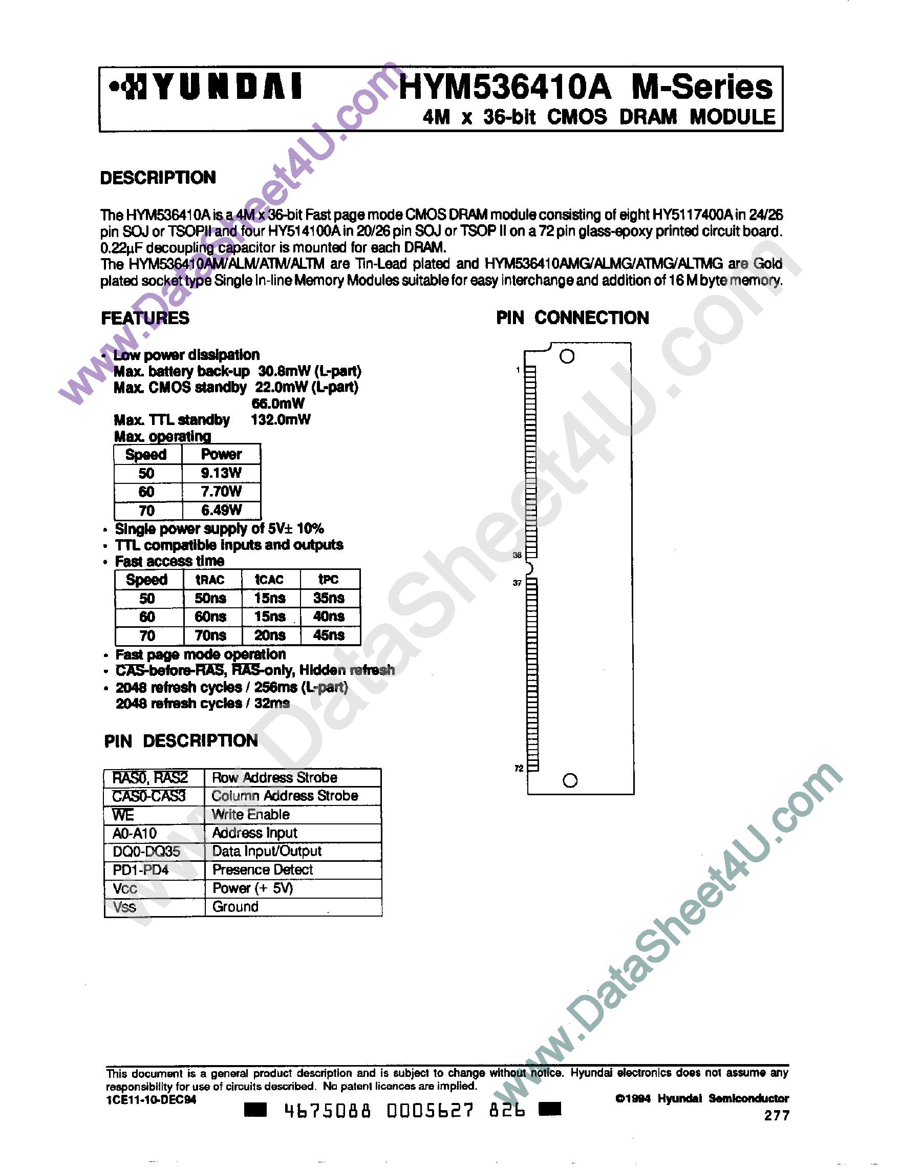 Даташит на микросхему HYM536410A страница 1 Даташит HYM536410A - 4M x 36-Bit CMOS DRAM Module страница 1