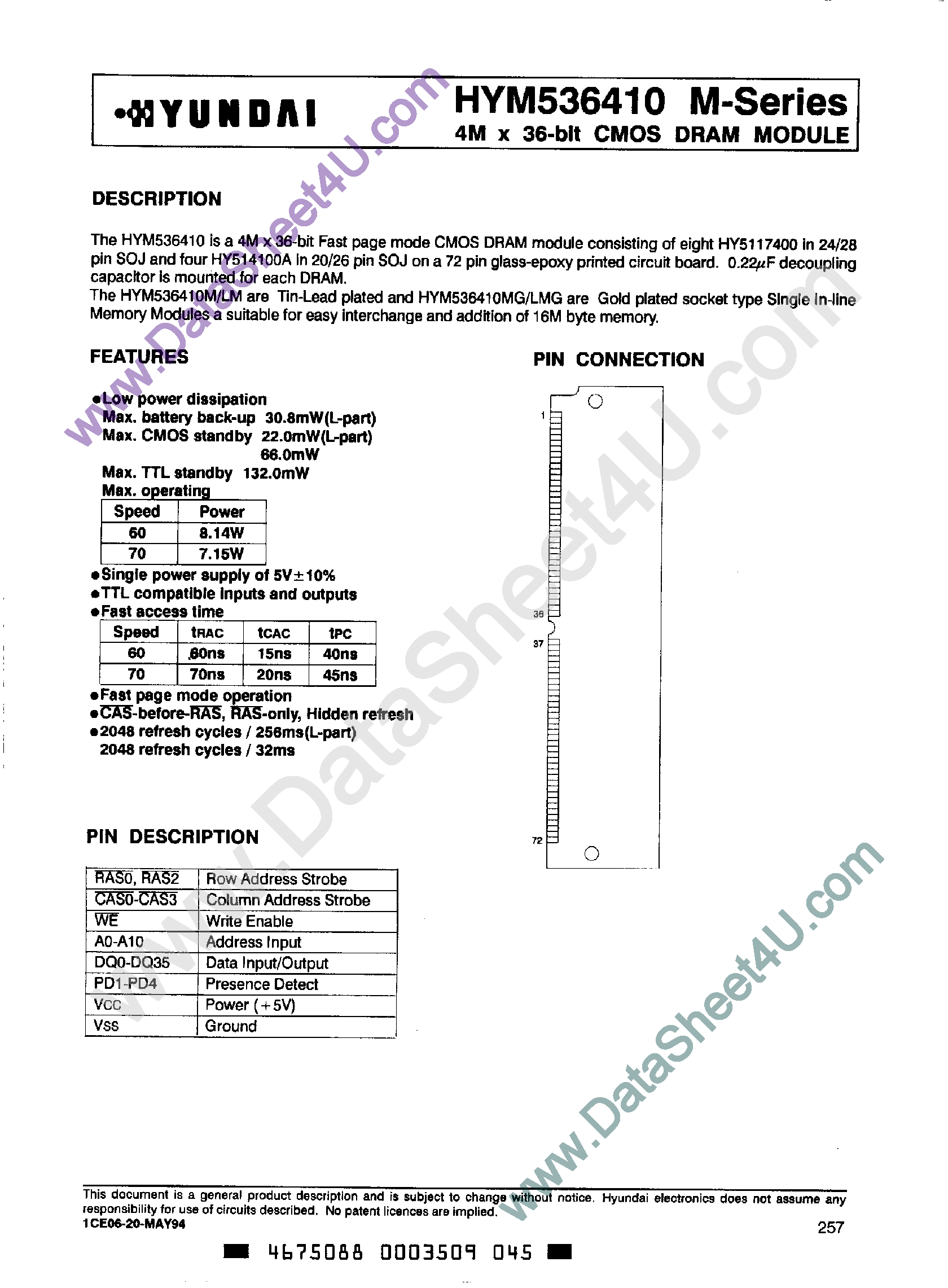 Даташит на микросхему HYM536410 страница 1 Даташит HYM536410 - 4M x 36-Bit CMOS DRAM Module страница 1