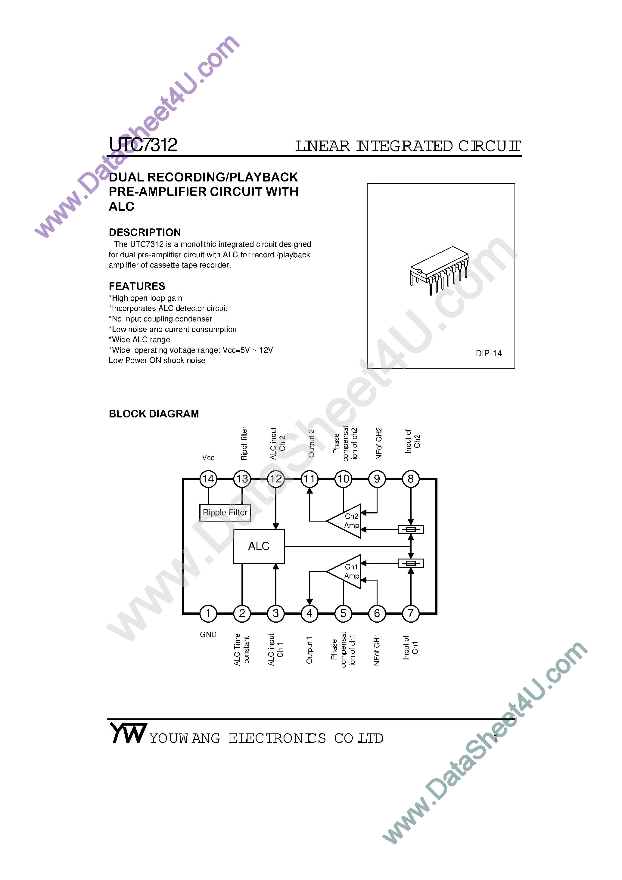 Даташит UTC7312 - Dual Recording / Playback Pre-Amplifier Circuit страница 1