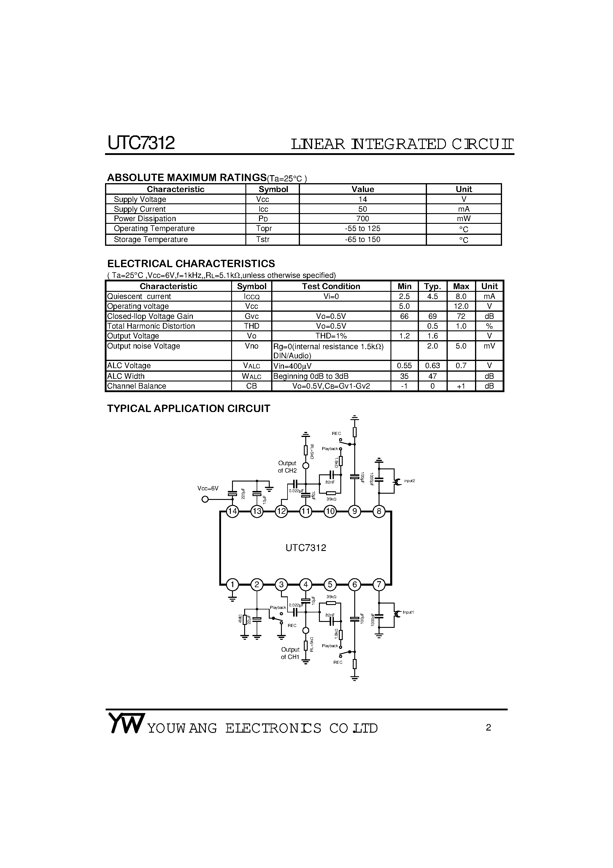 Даташит UTC7312 - Dual Recording / Playback Pre-Amplifier Circuit страница 2