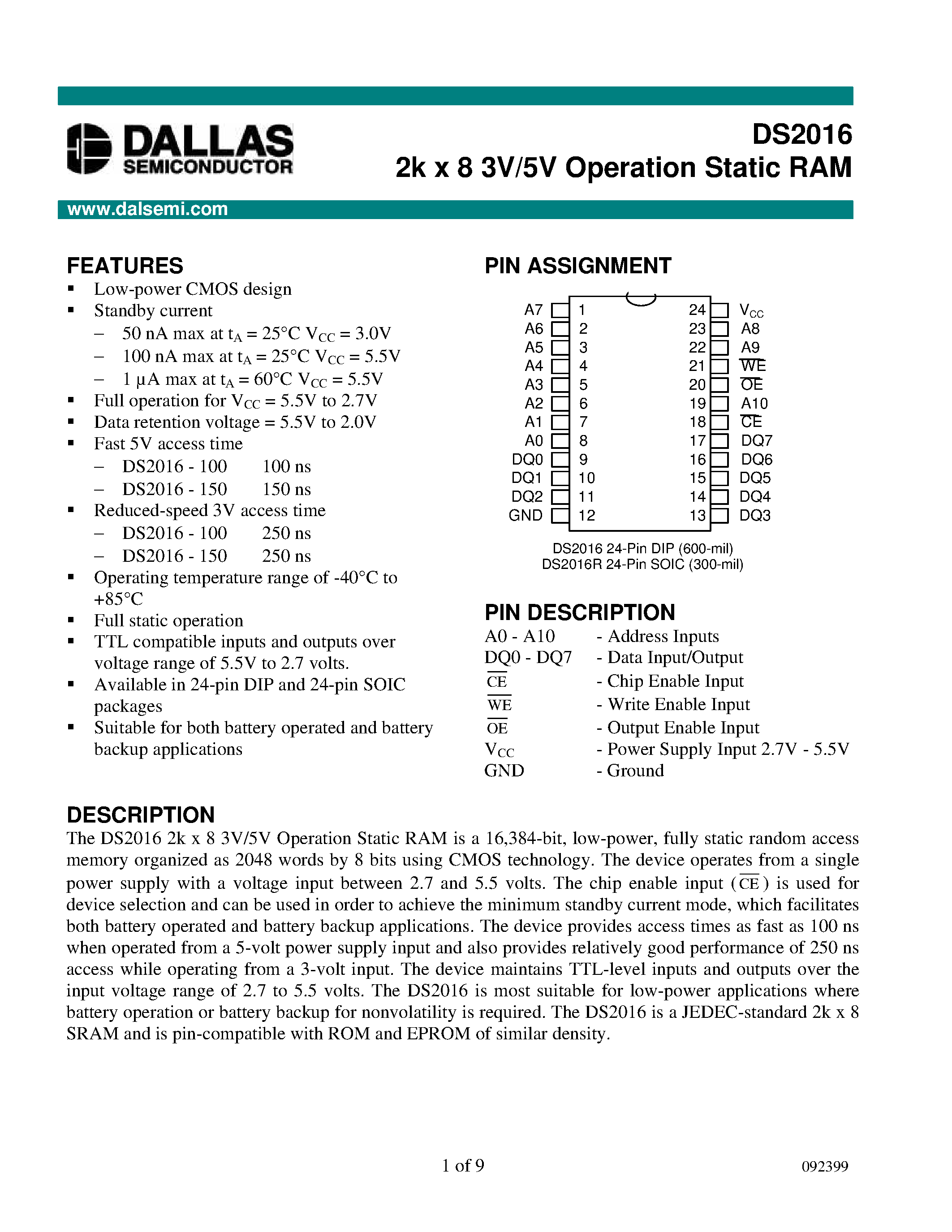 Datasheet DS2016 - 2k x 8 3V/5V Operation Static RAM page 1