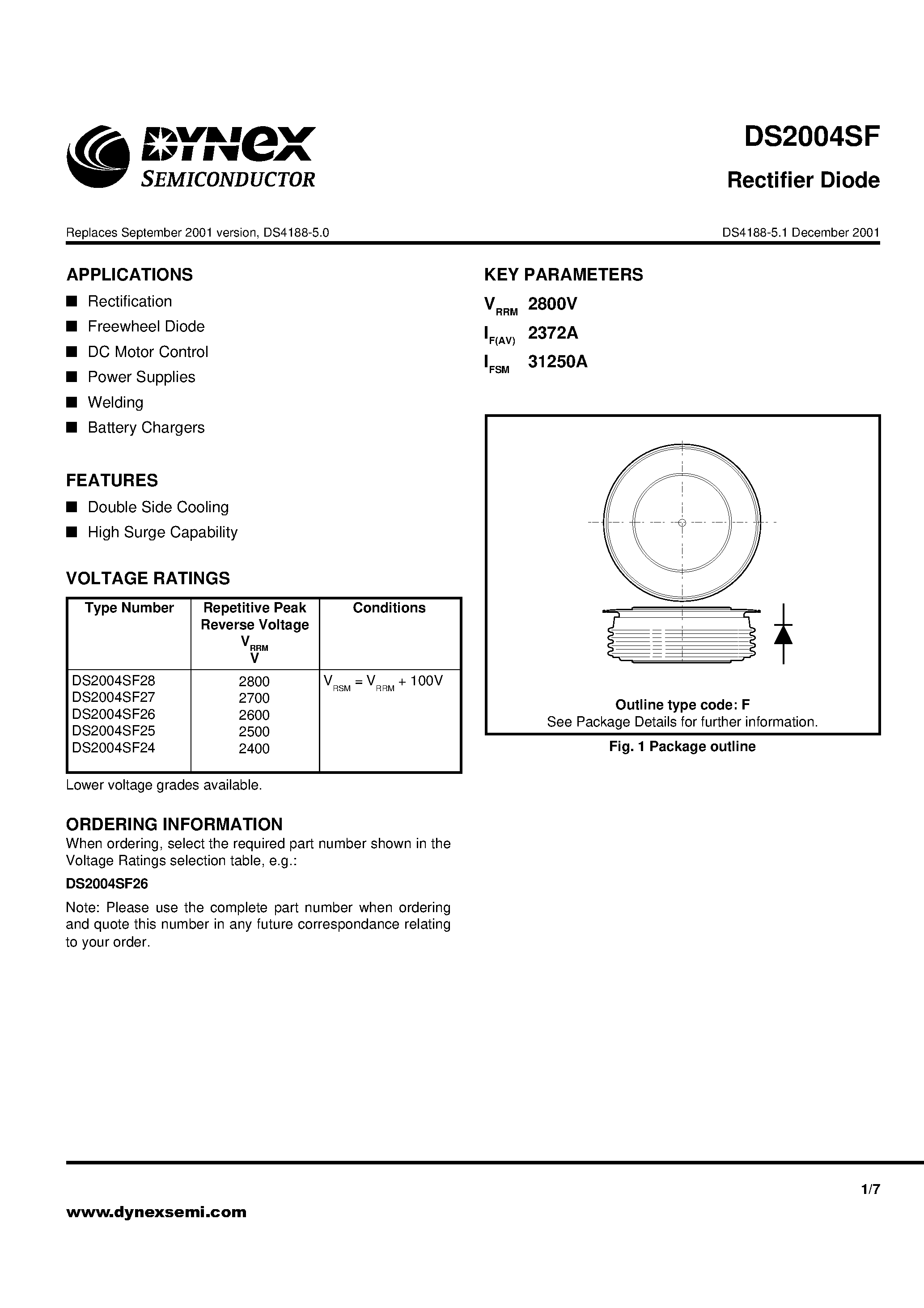 Datasheet DS2004SF page 1 Datasheet DS2004SF - Rectifier Diode page 1