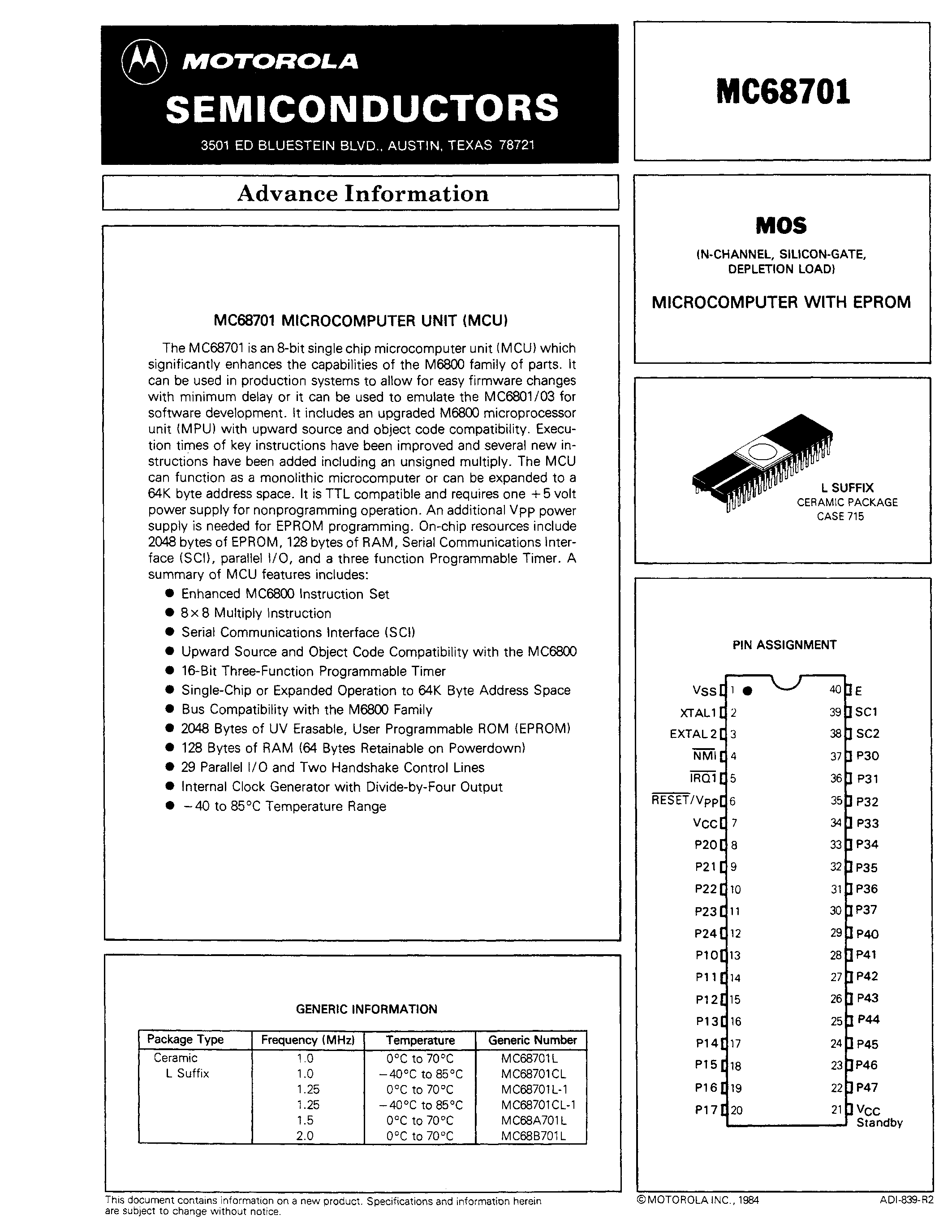 Datasheet MC68701 - MICROCOMPUTER WITH EPROM page 1