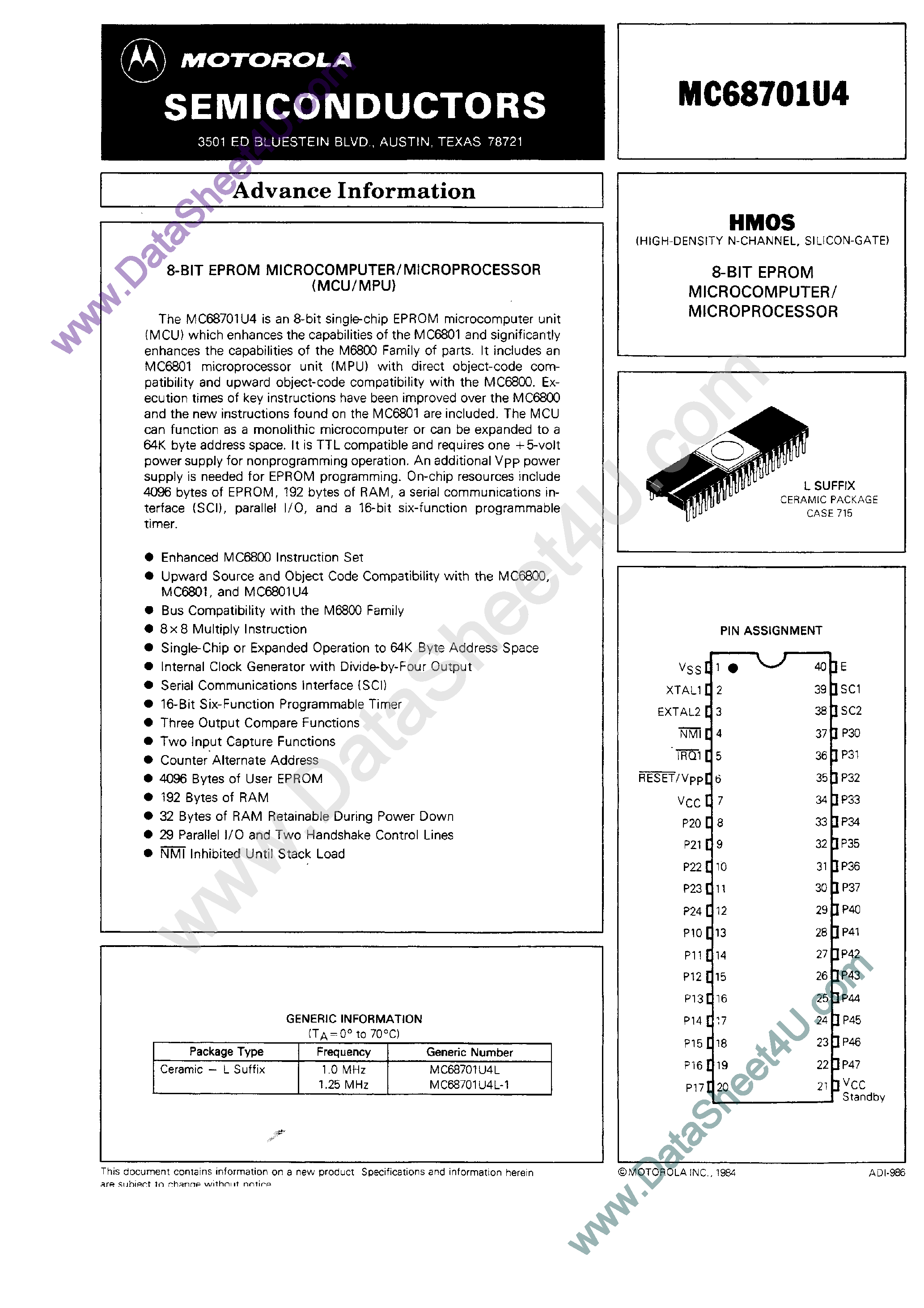 Datasheet MC68701U4 - 8-Bit EPROM Microcomputer page 1