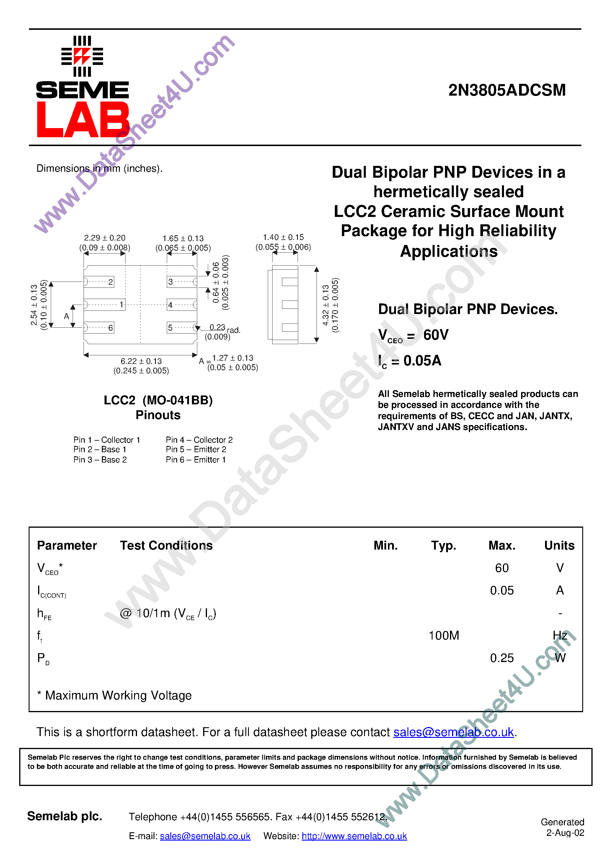 Даташит 2N3805ADCSM - Dual Bipolar PNP Devices страница 1