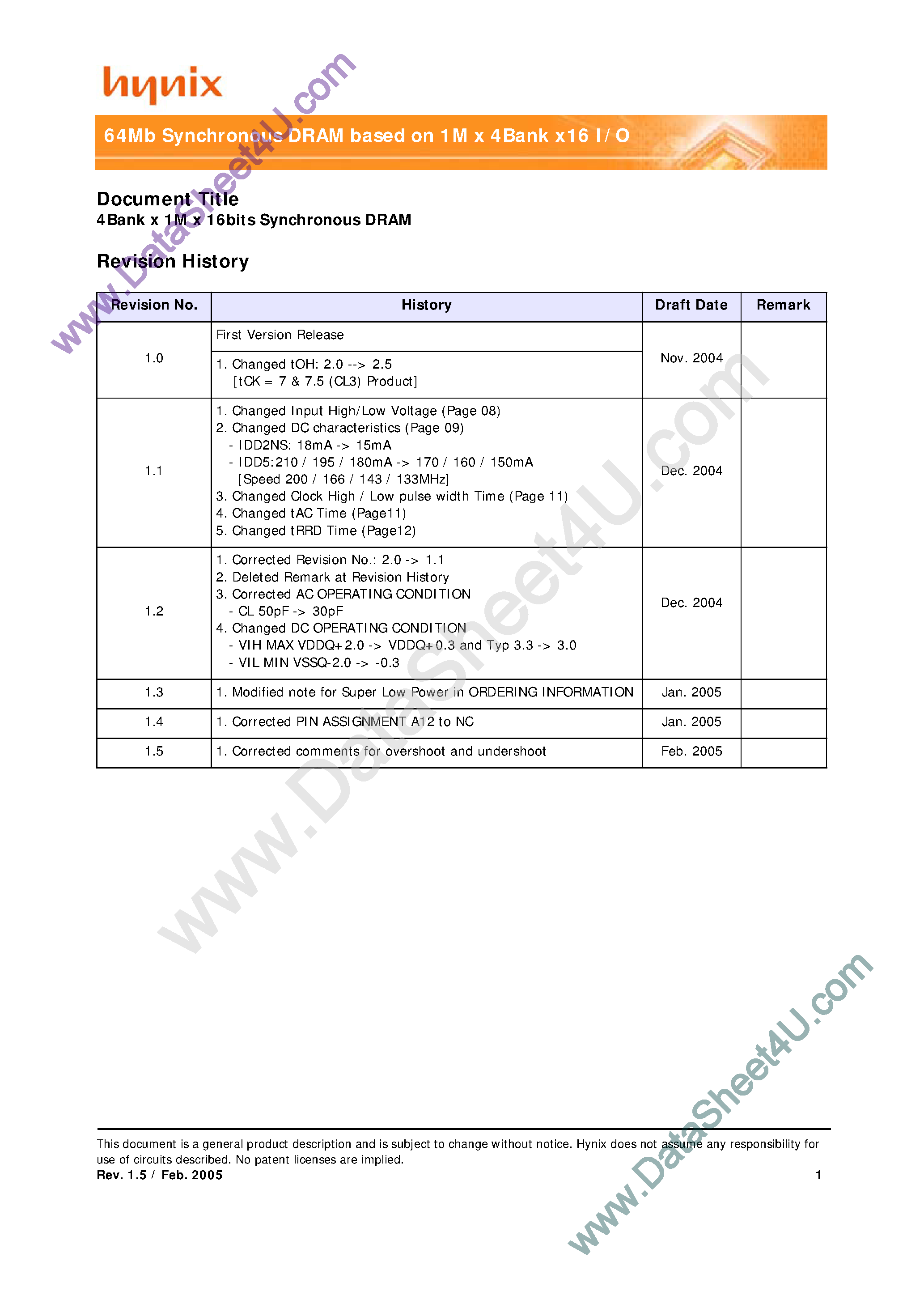 Datasheet HY57V641620ET - 4-Bank x 1M x 16-Bits SDRAM page 1