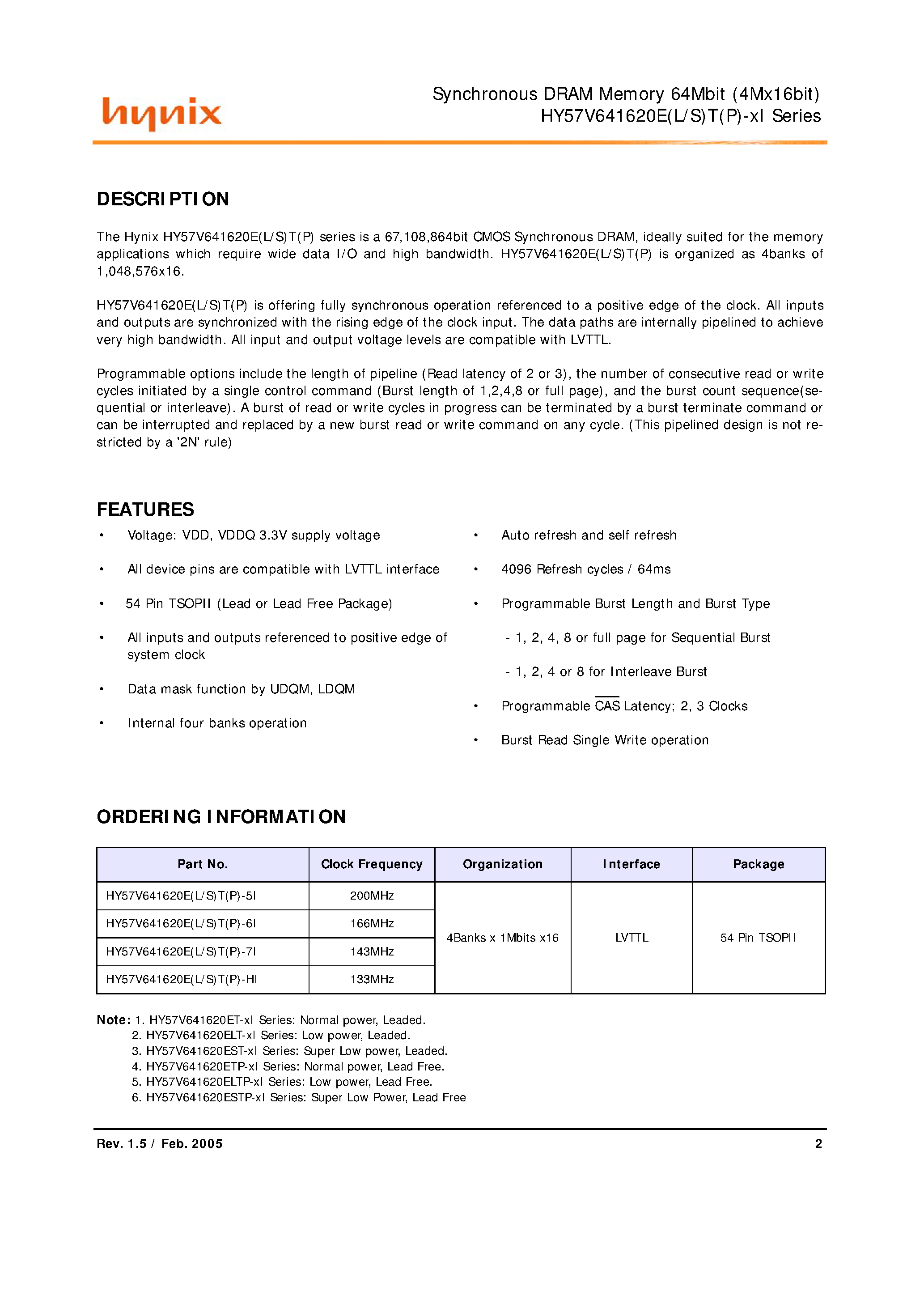 Datasheet HY57V641620ET - 4-Bank x 1M x 16-Bits SDRAM page 2