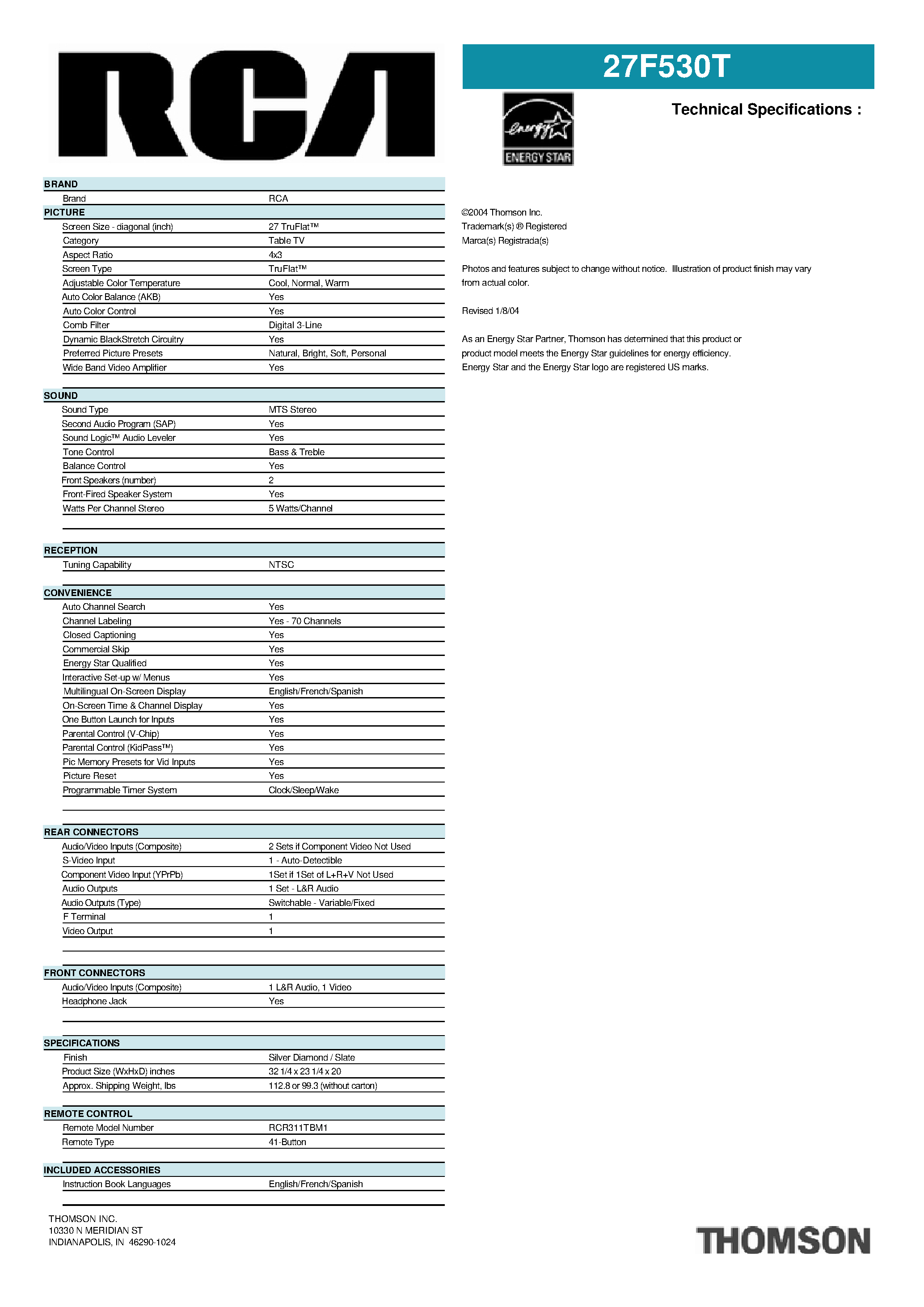 Даташит 27F530T - 27 inch TruFlat Stereo TV страница 2