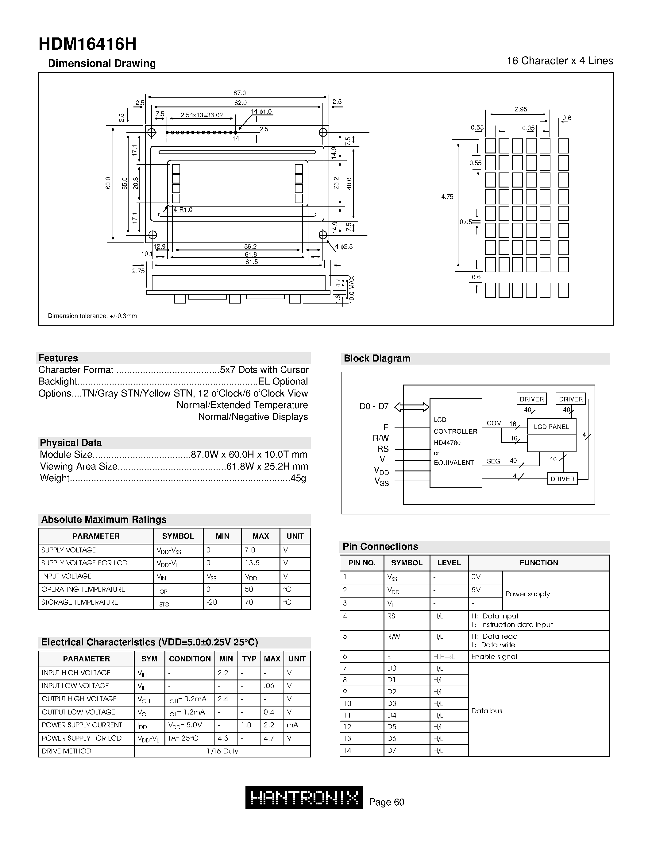 Даташит HDM16416H - 16 Character x 4 Lines страница 1