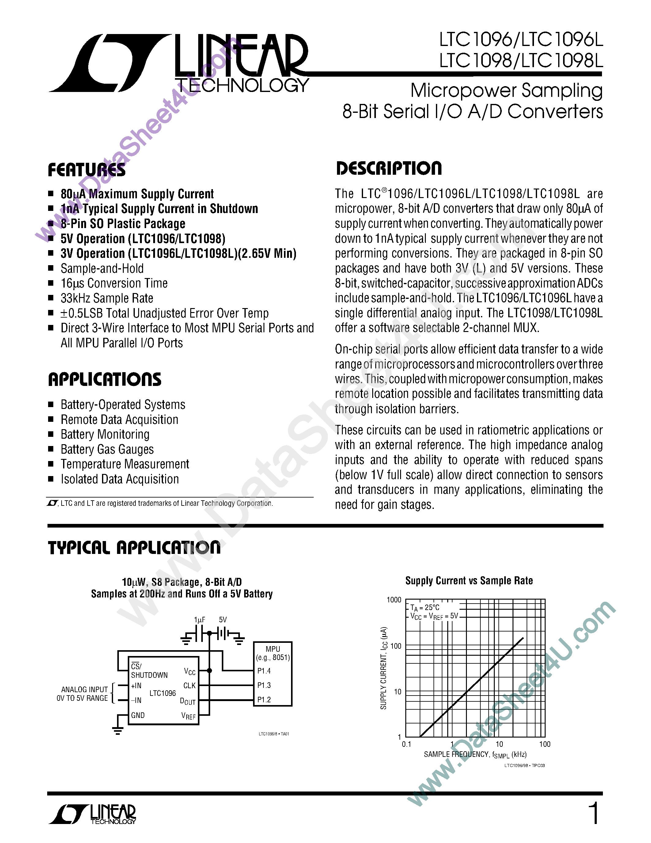 Datasheet LT1096 - (LT1096 / LT1098) Micropower Sampling 8-Bit Serial I/O A/D Converters page 1