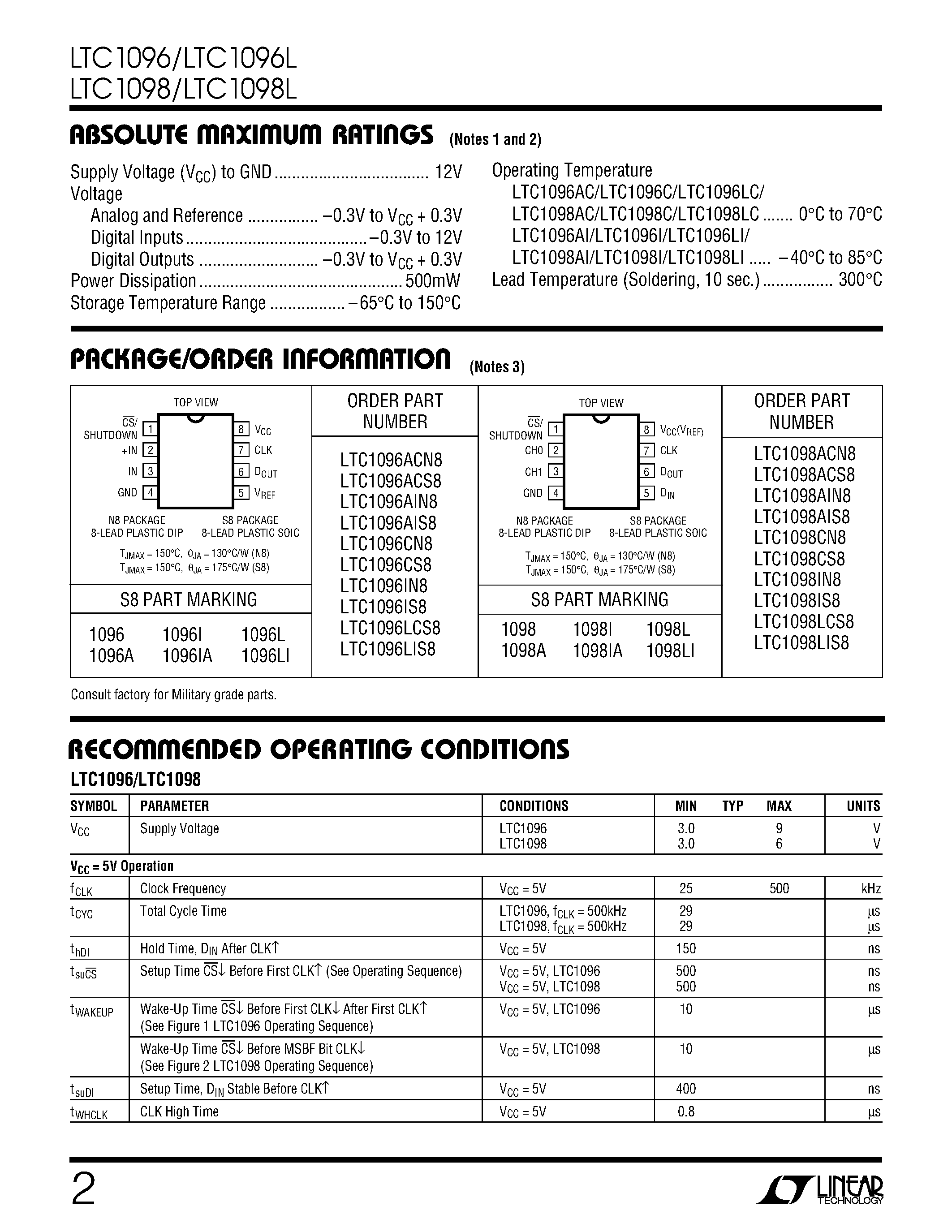 Datasheet LT1096 - (LT1096 / LT1098) Micropower Sampling 8-Bit Serial I/O A/D Converters page 2