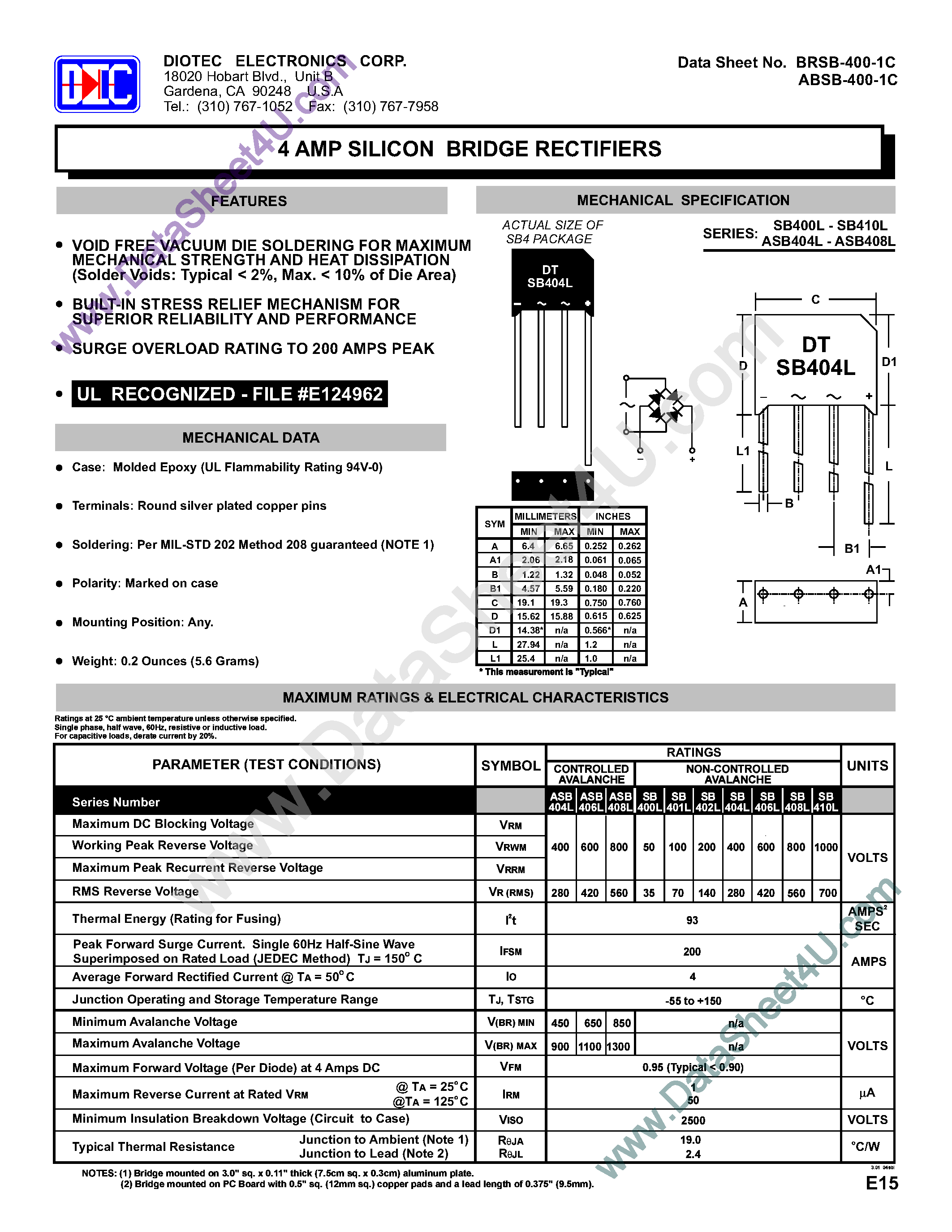 Datasheet SB404L - 4 Amp Silicon Bridge Rectifiers page 1