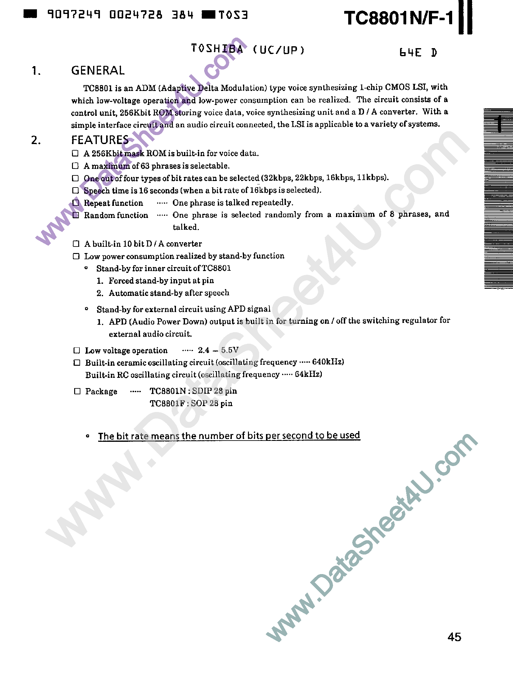 Даташит на микросхему TC8801F страница 1 Даташит TC8801F - ADM Type Voice Synthesizing страница 1