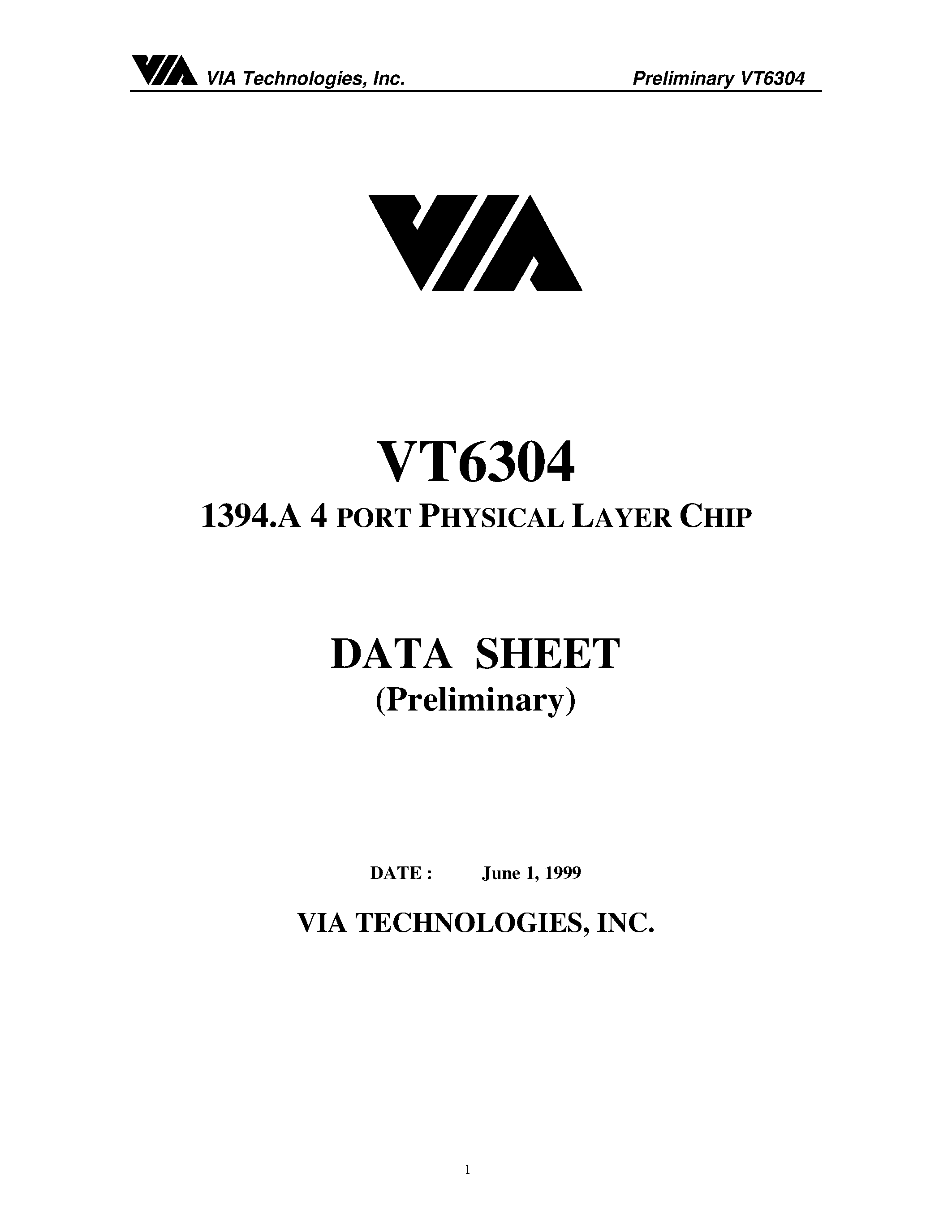 Datasheet VT6304 - 1394.A 4 PORT PHYSICAL LAYER CHIP page 1