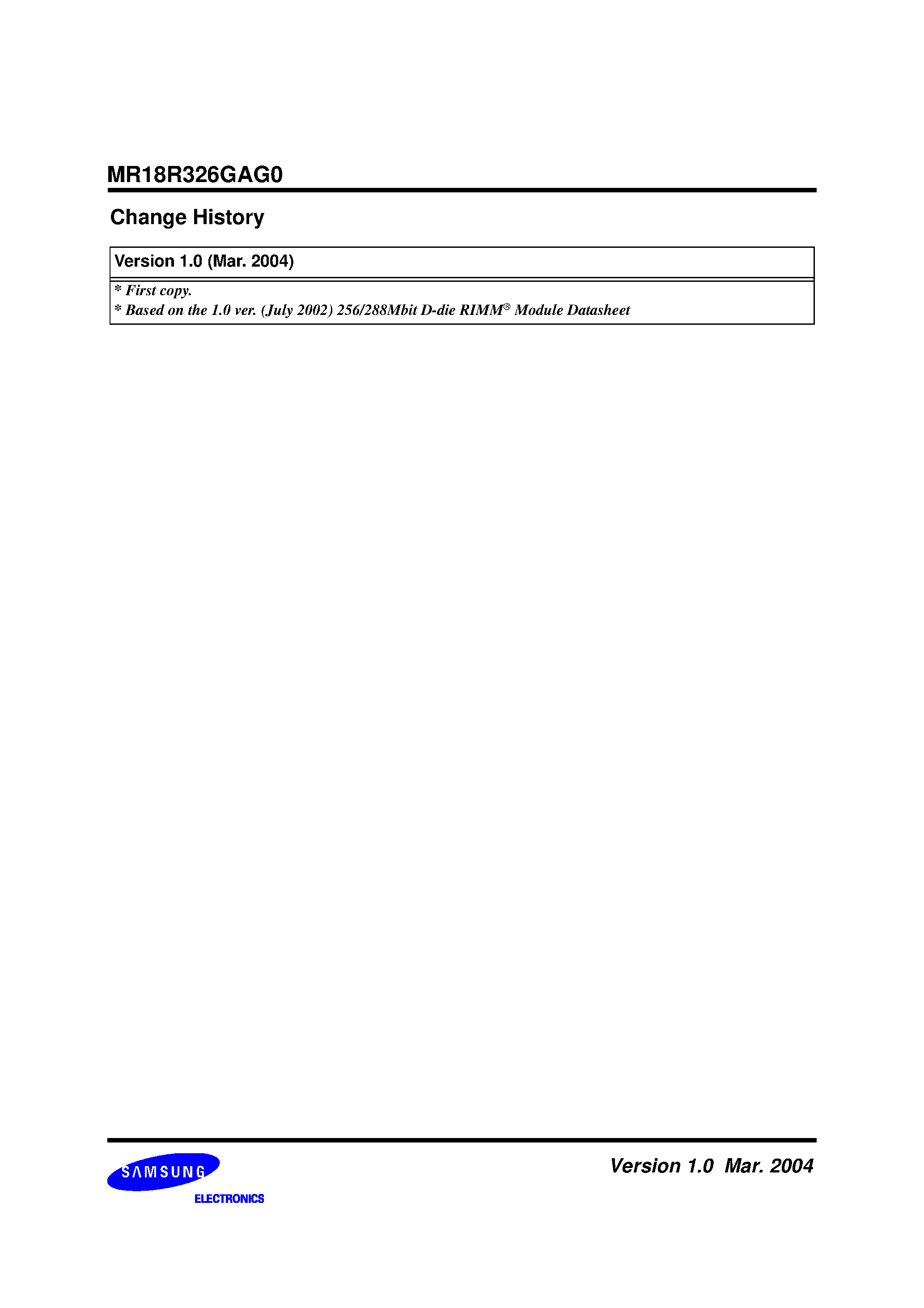 Datasheet MR18R326GAG0 - (32Mx18) 16pcs RIMM Module based on 576Mb A-die page 1