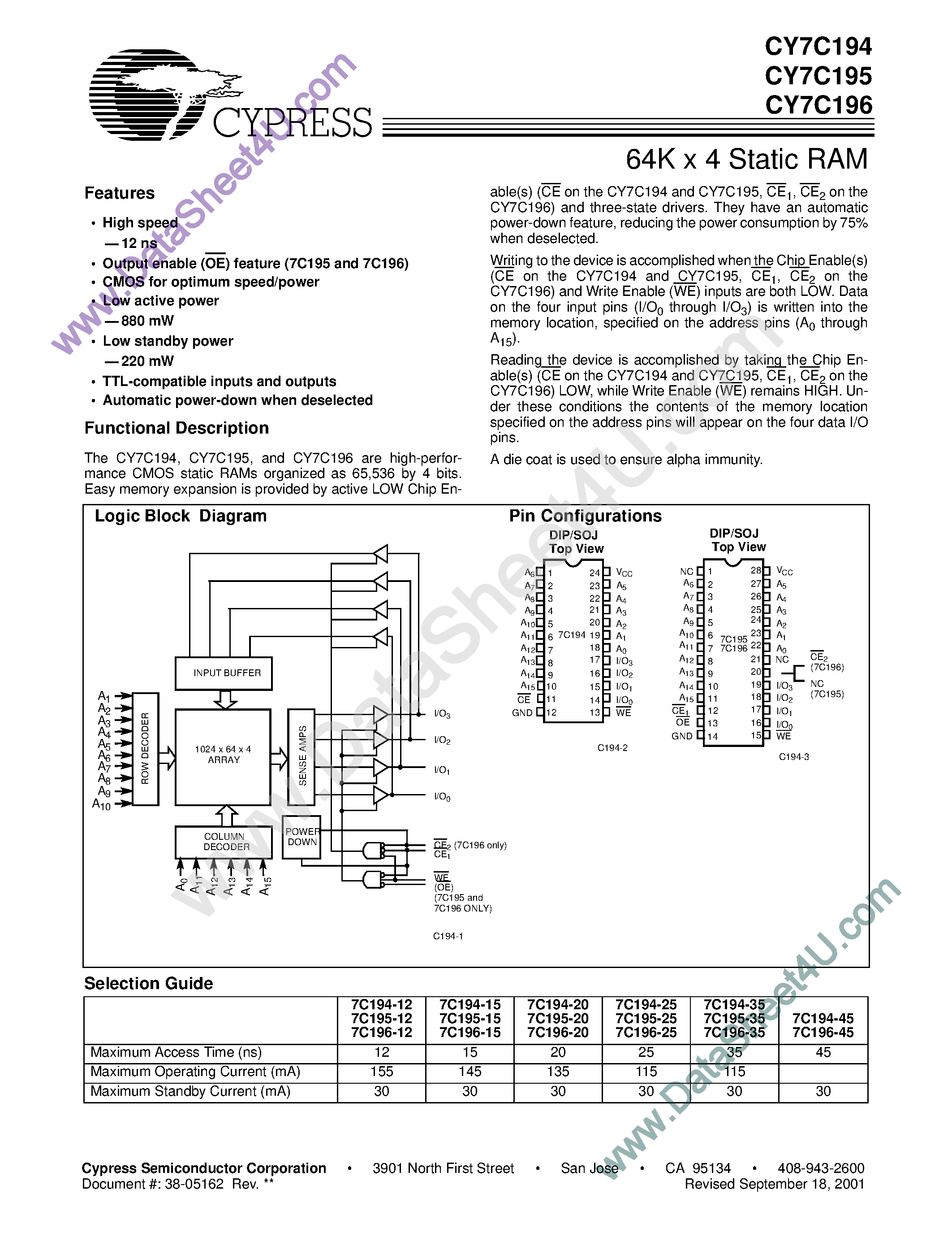 Datasheet CY7C194 page 1 Datasheet CY7C194 - (CY7C194 - CY7C196) 64K x 4 Static RAM page 1