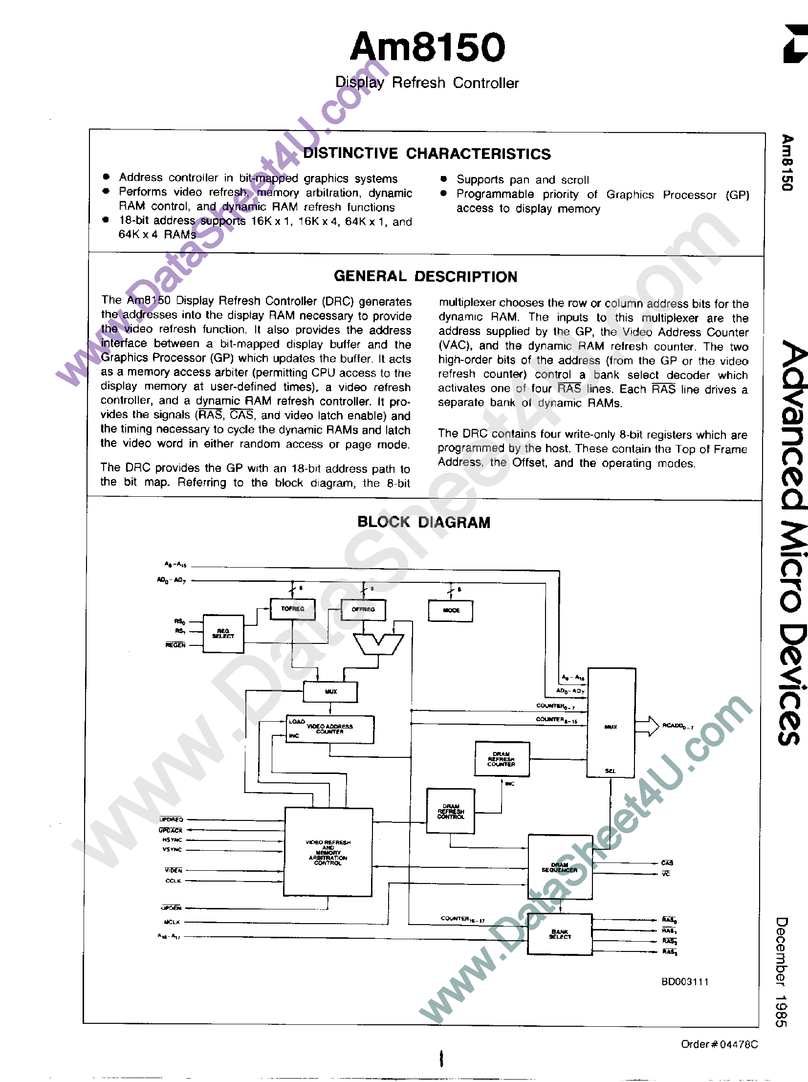 Datasheet AM8150 page 1 Datasheet AM8150 - Display Refresh Controller page 1