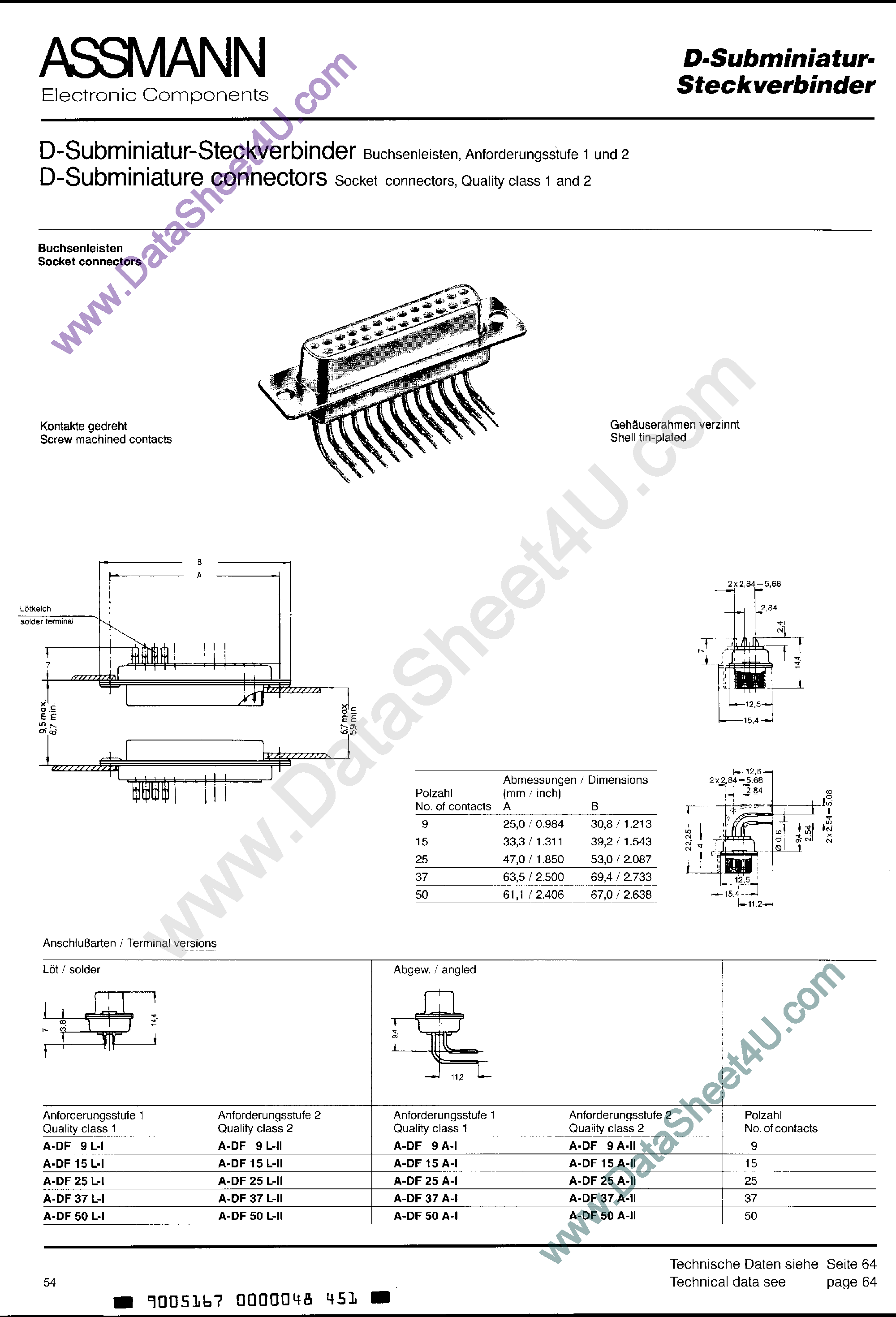 Datasheet A-DF15A - D-Subminiature Connectors page 1