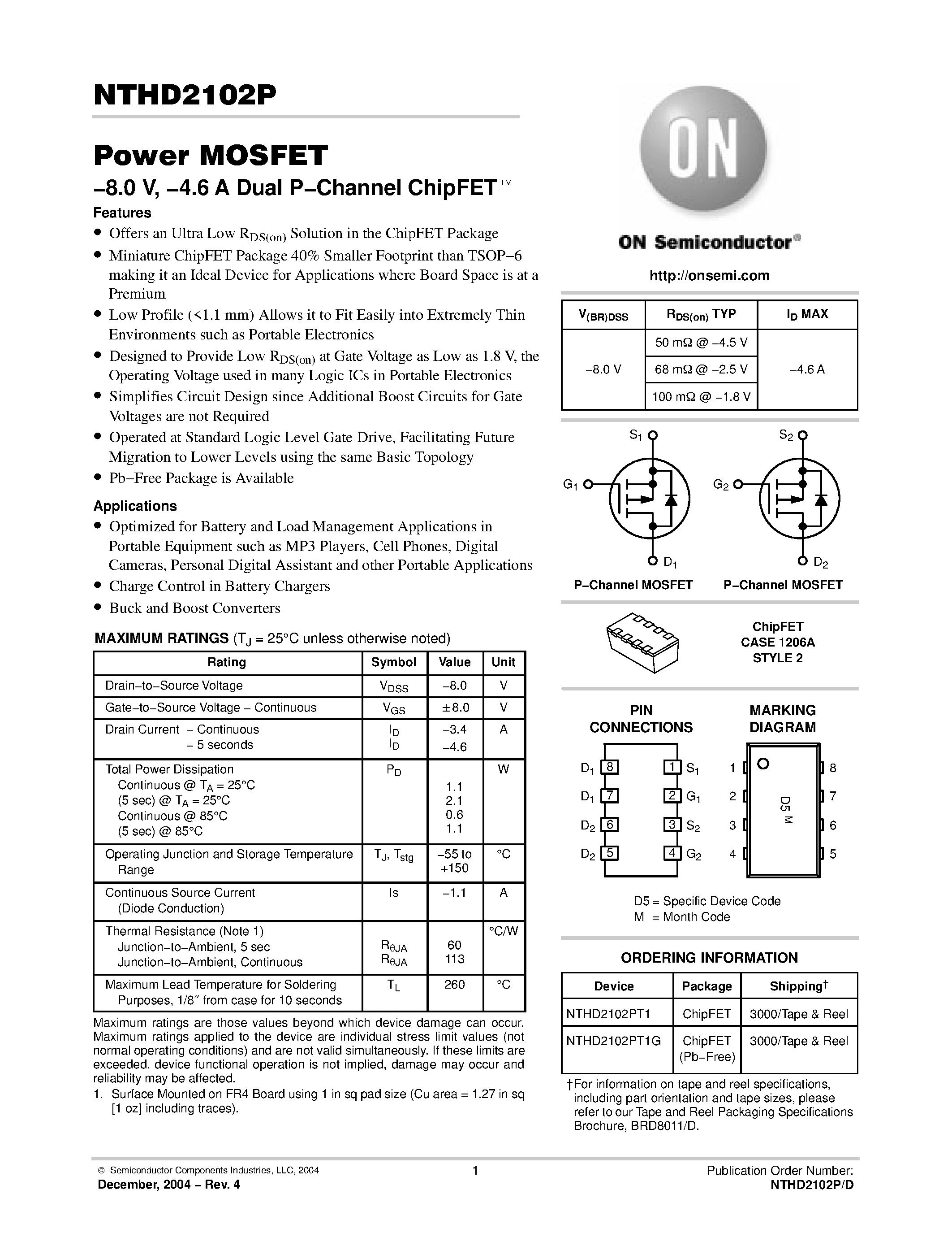 Даташит NTHD2102P - Power MOSFET Dual P-Channel ChipFET страница 1