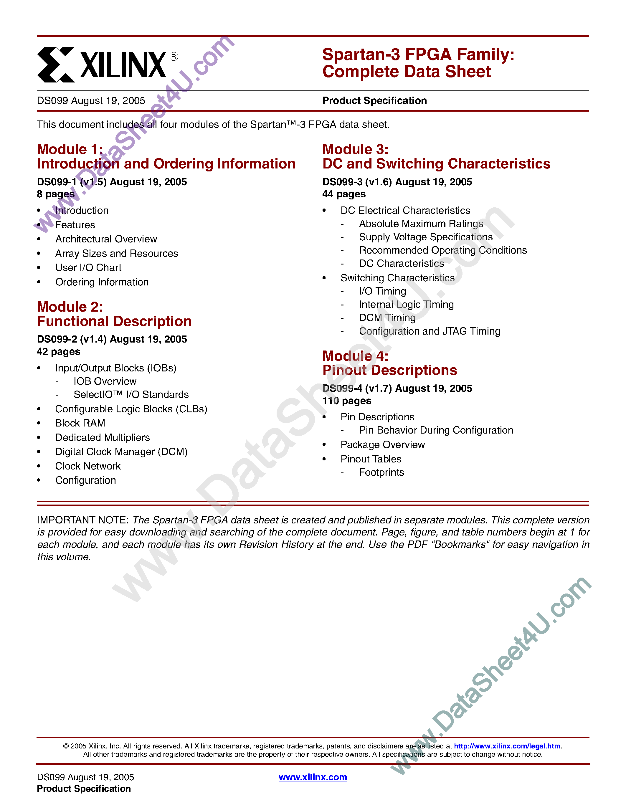 Datasheet XC3S1000 - (XC3S50 - XC3S5000) Spartan-3 FPGA Family page 1