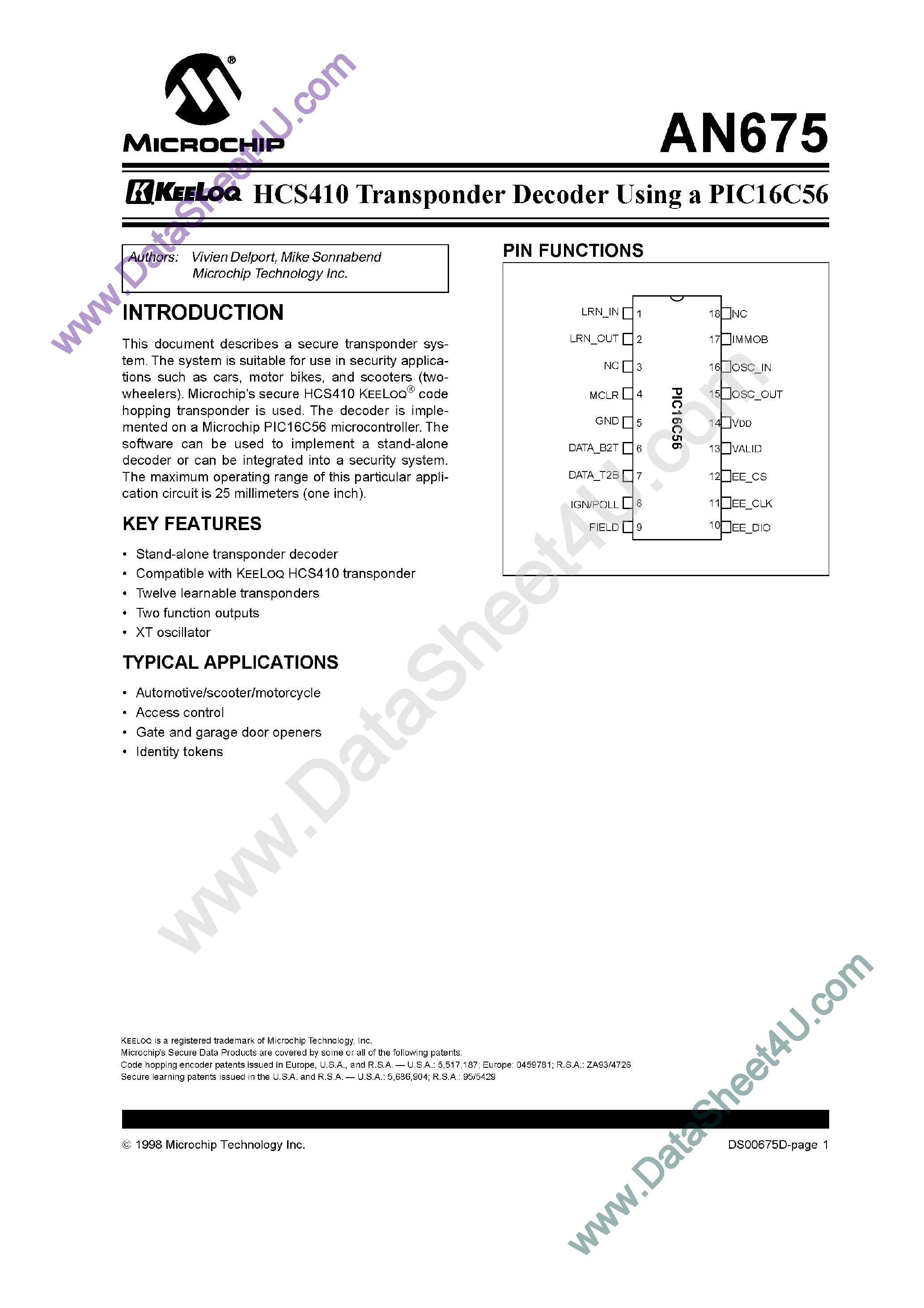 Datasheet AN675 - KeeLoq Security: KeeLoq HCS410 Transponder Decoder Using a PIC16C56 page 1