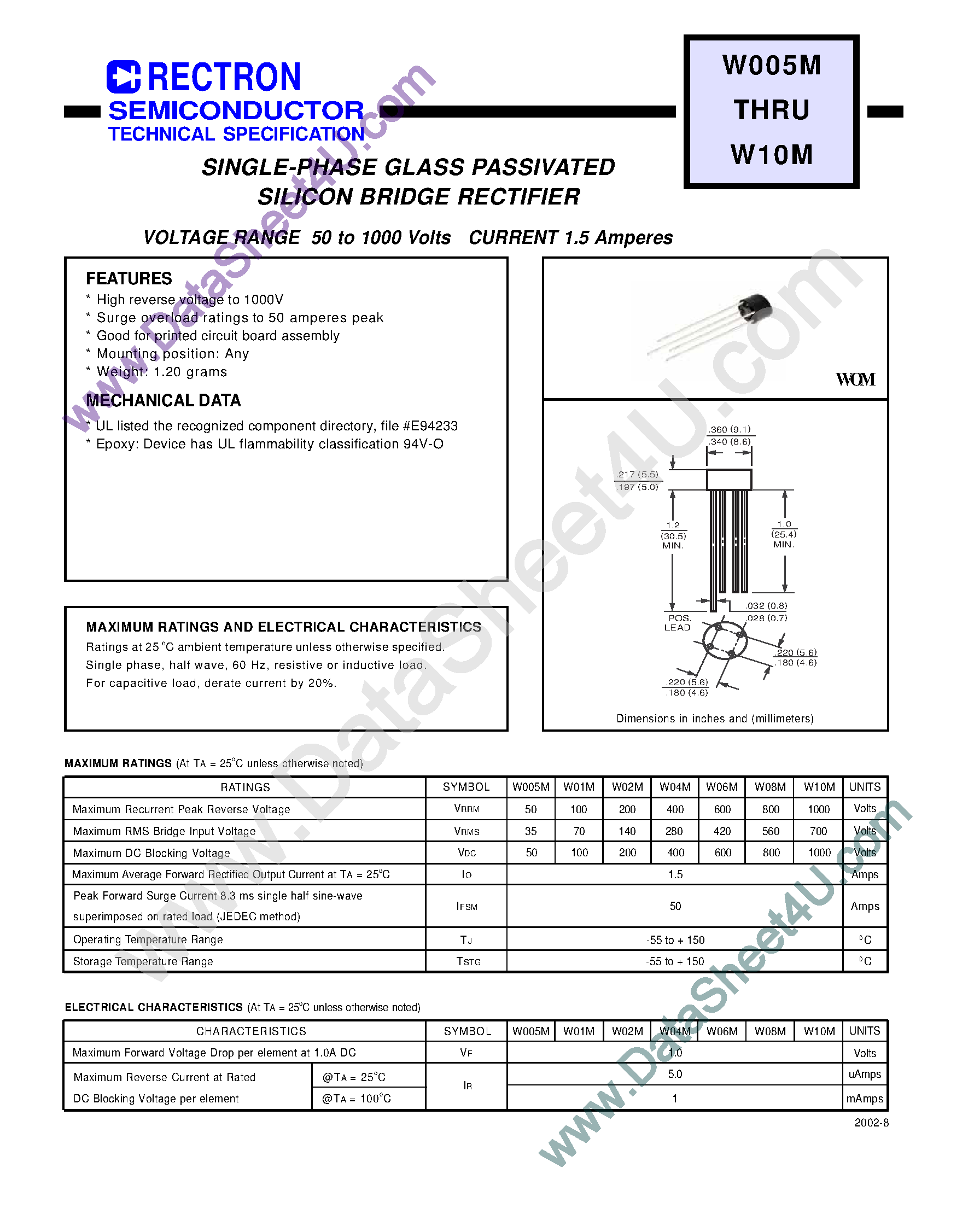 Datasheet WO4M - Single-Phase Glass Passivated Silicon Bridge Rectifier page 1