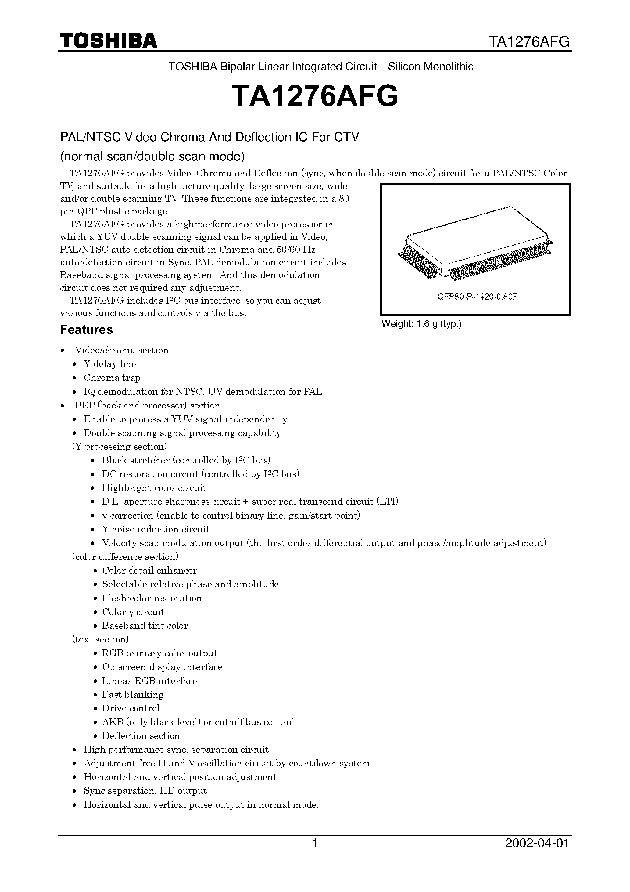 Datasheet TA1276AFG - PAL / NTSC Video Chroma and Deflection IC page 1