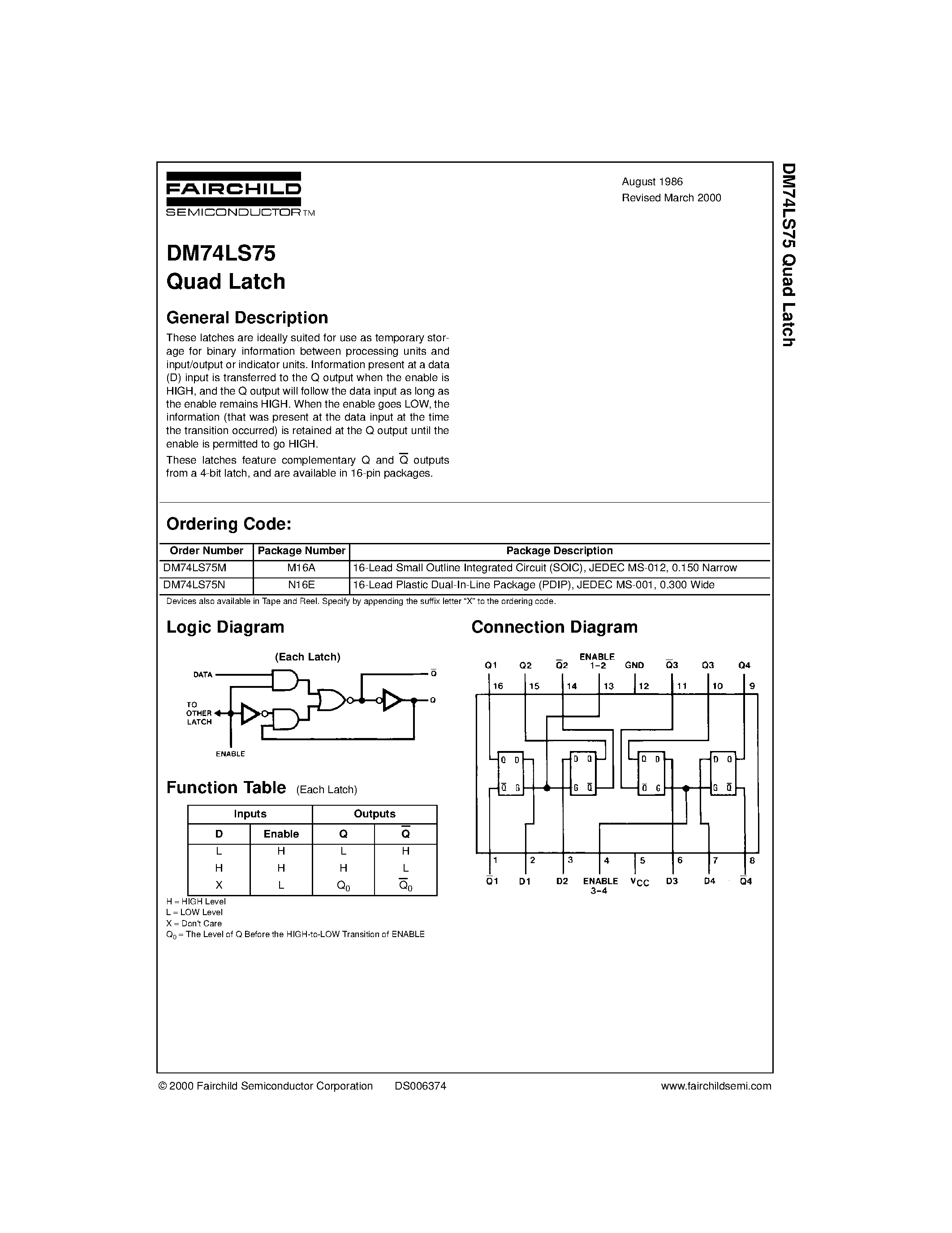 Datasheet DM74LS75 - Quad Latch page 1