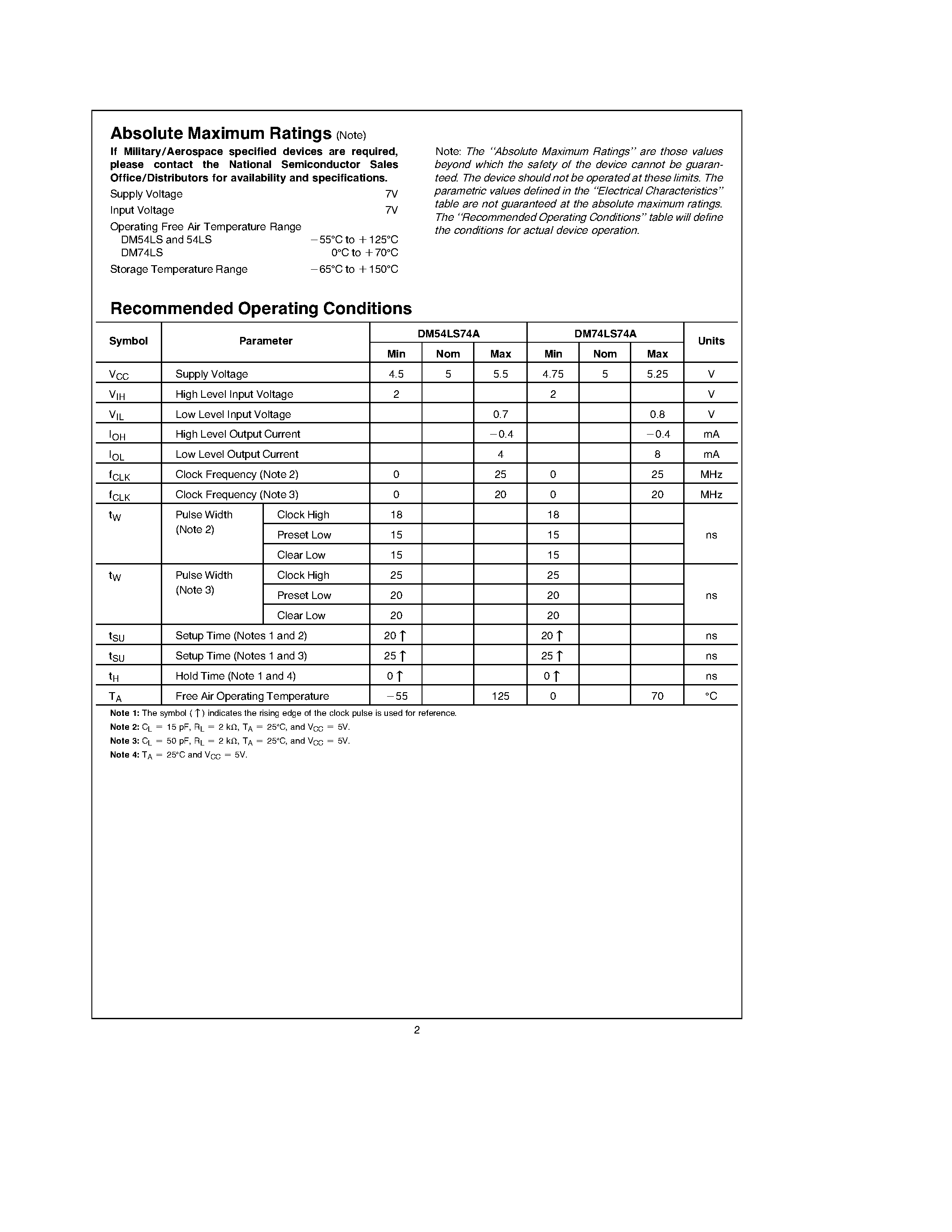 Datasheet DM74LS74A page 2 Datasheet DM74LS74A - Dual Positive-Edge-Triggered D Flip-Flops page 2