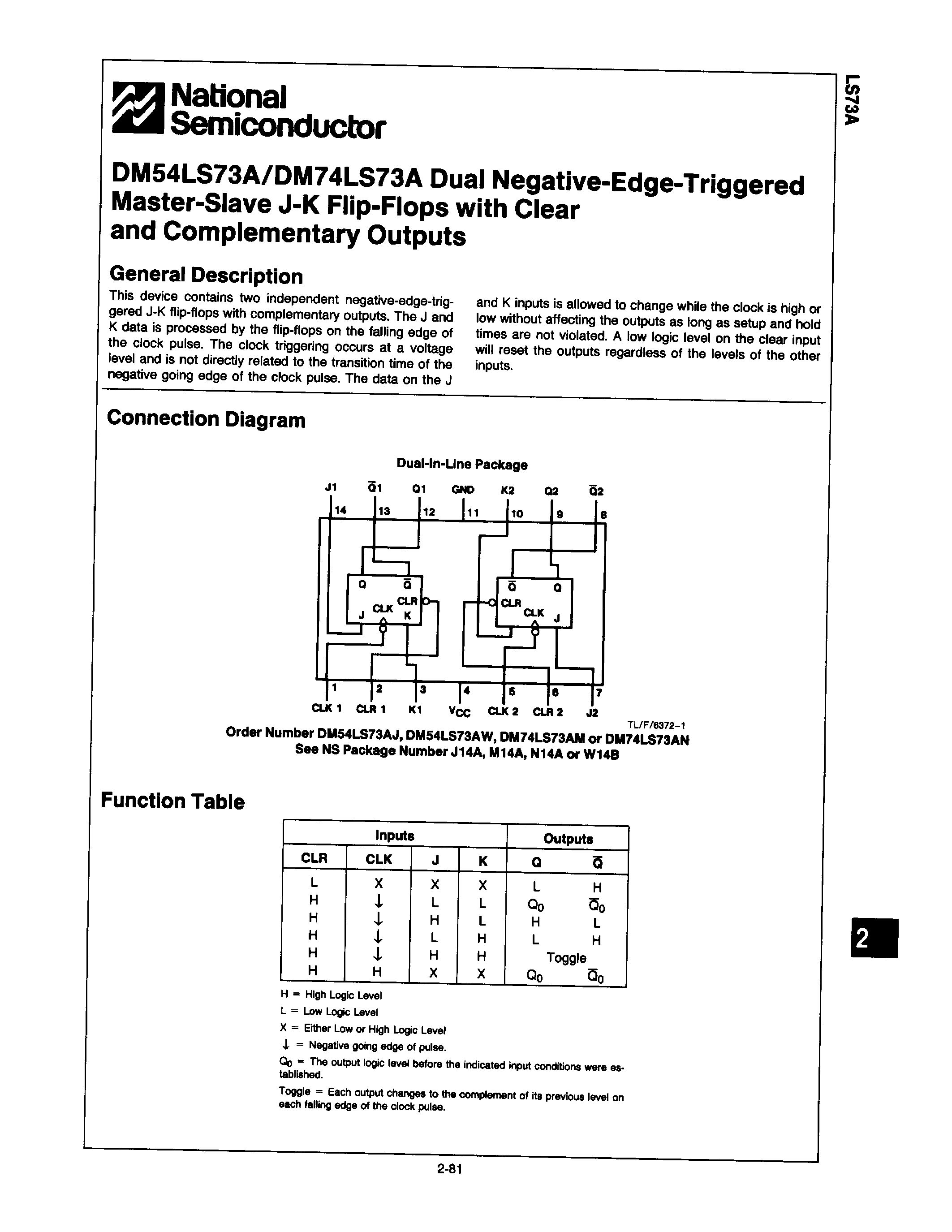 Datasheet DM74LS73A - DUAL NEGATIVE-EDGE-TRIGGERED MASTER-SLAVE J-K FLIP-FLOPS page 1