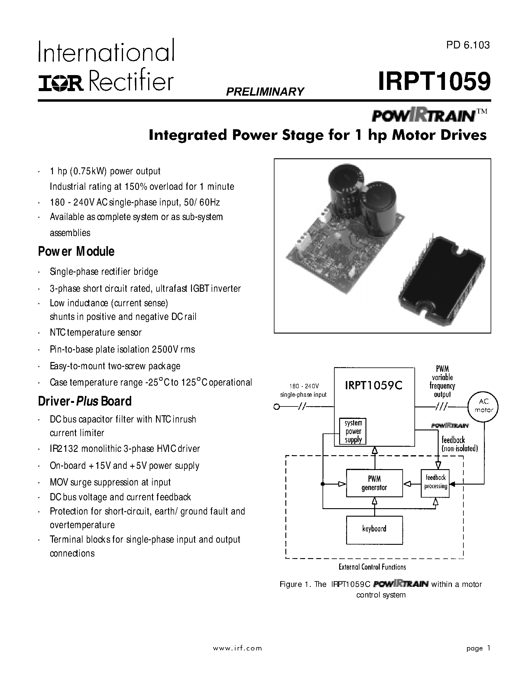 Datasheet IRPT1059 - Integrated Power Stage for 1hp Motor Drives page 1